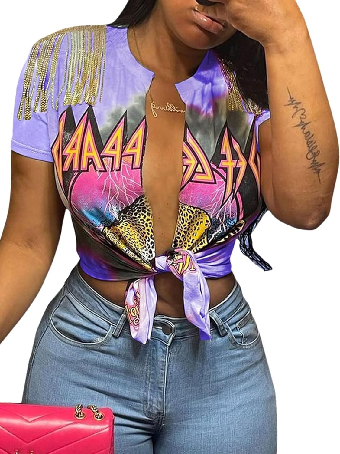 Deeryi Sexy Graphic Tees for Women Tie Up Front Deep V Neck Top Short Sleeve Print Tassel Shirts