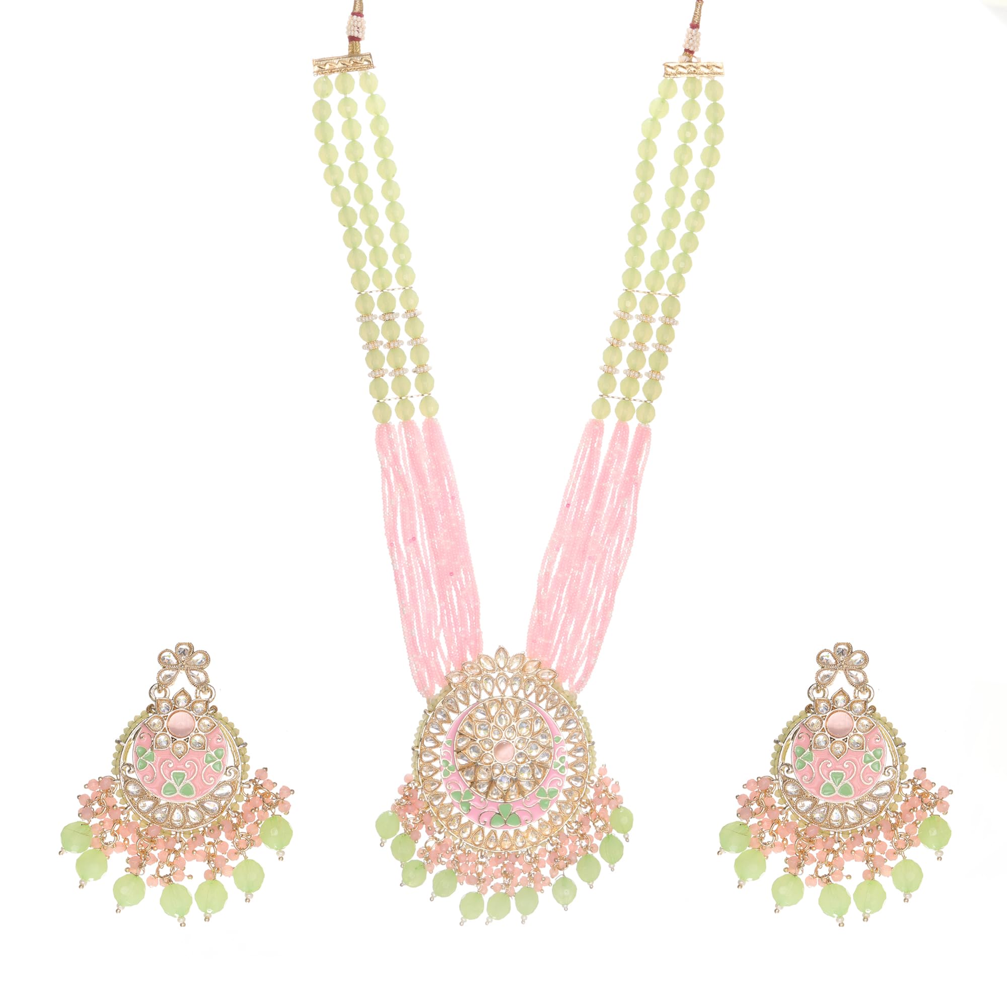 MOONIA Premium Quality Multi Strand Polki With Beads Long Necklace Jewelery Set With Earrings for Womens - Gift Packaging