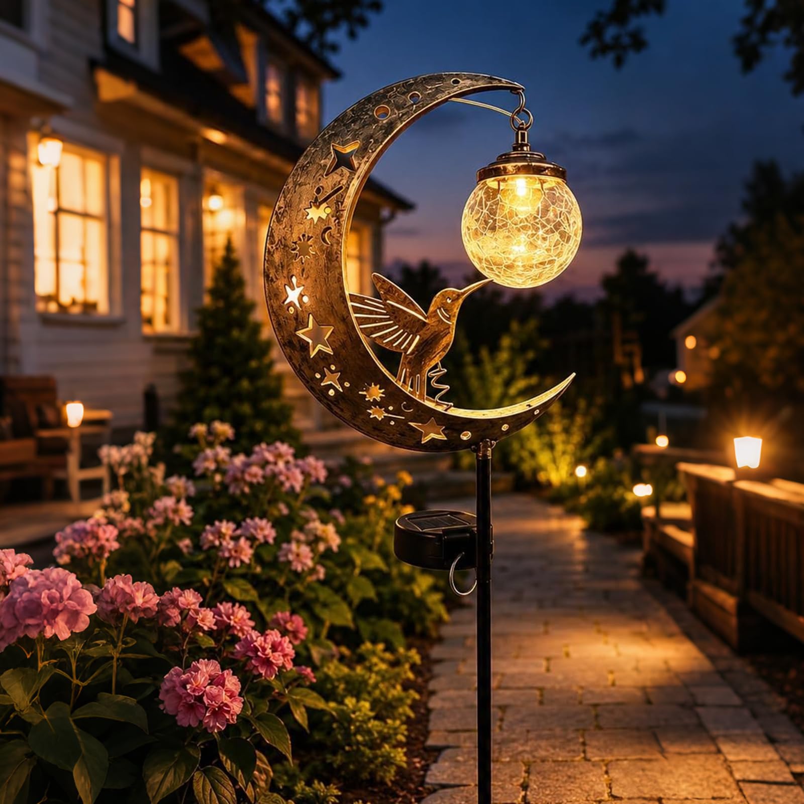 Solarlampen für Außen, Gartendeko für Draußen, Wetterfest Mond Solar Lichter mit Kolibri und Glaskugel, Schäferhaken für Braußen Gehwege Hof Terrasse Garten deko (3 Stück)