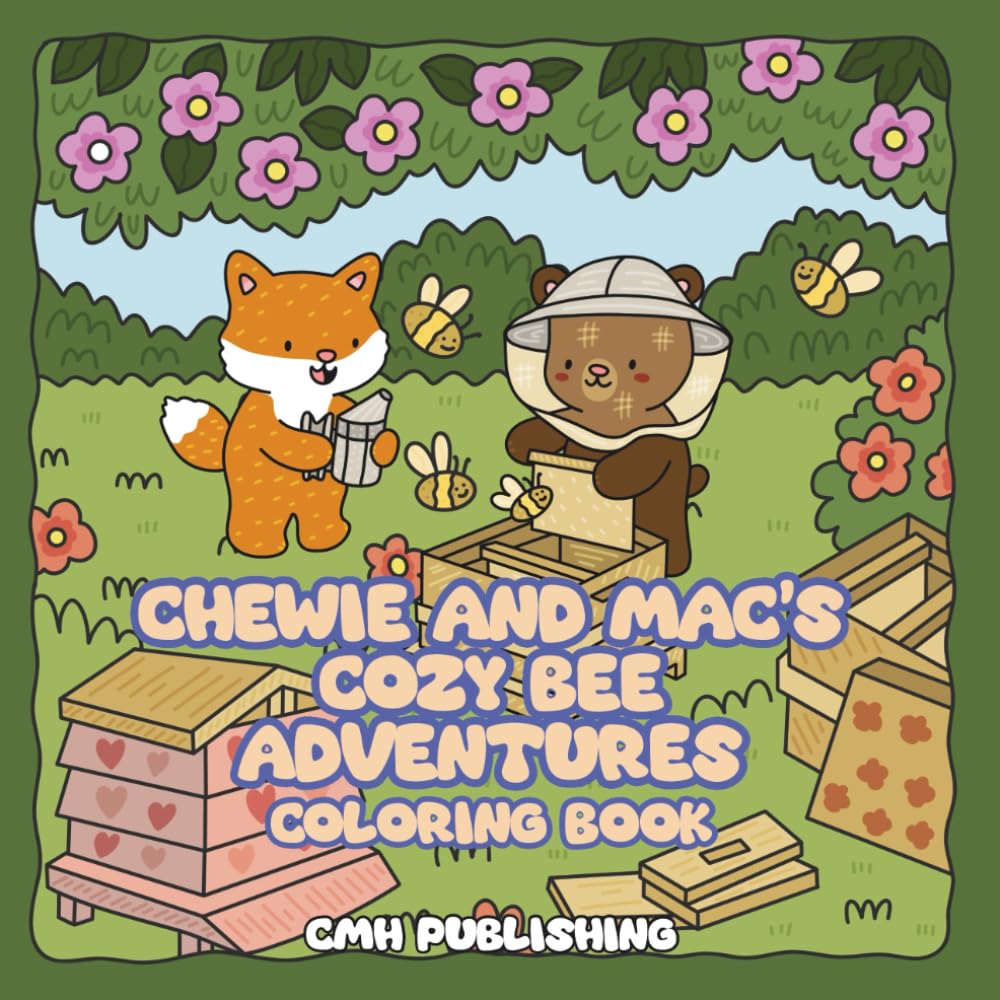 Chewie and Mac on a Cozy Beekeeping Adventure Coloring Book: 30 Cute Hand-Drawn Coloring Pages for Adults for Relaxation