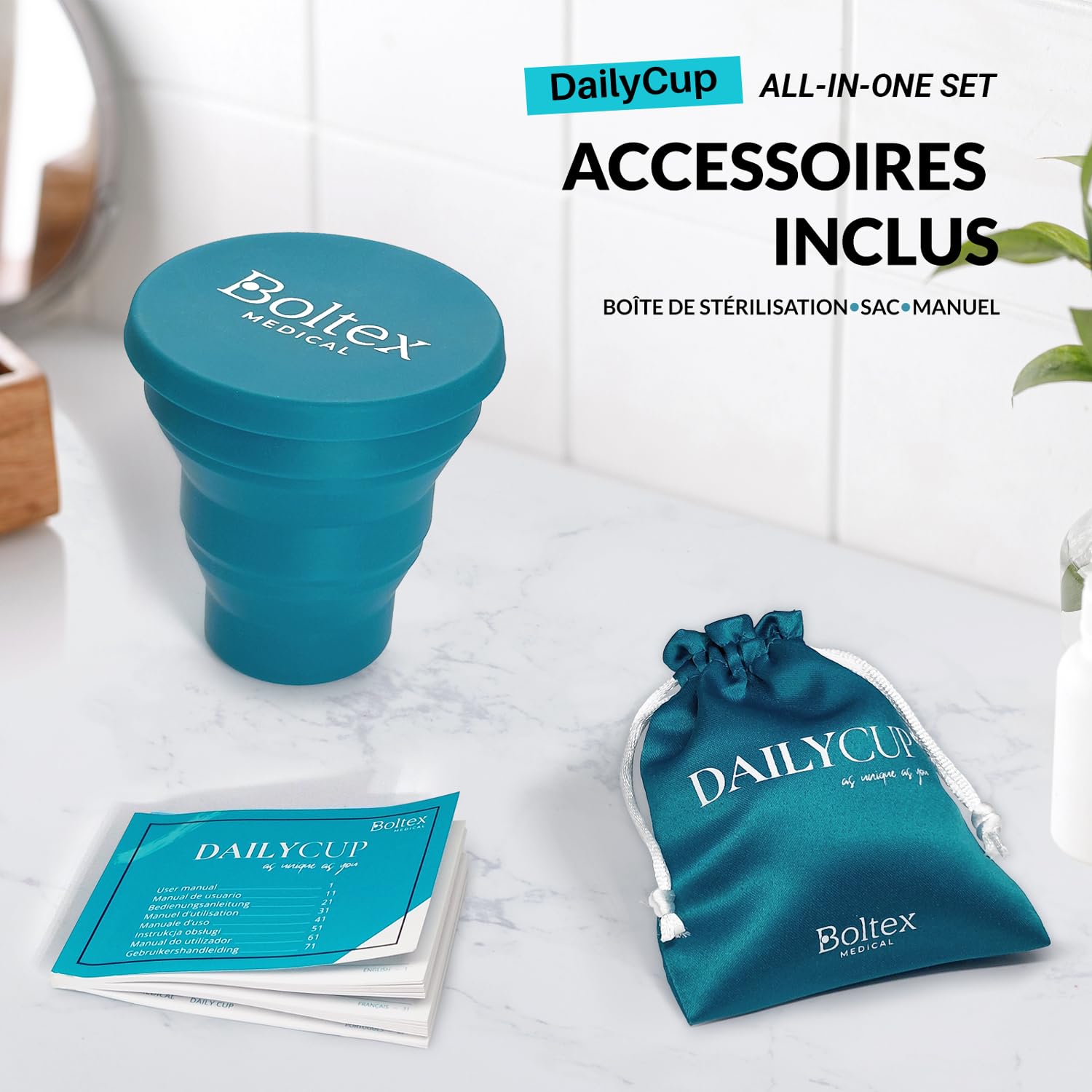 Coupe menstruelle DAILY CUP ALL-IN-ONE SET de BOLTEX MEDICAL. Conçue pour Confort Quotidien. Comprend un Stérilisateur, 3 Coupes DAILY CUP : Tailles S, M, L et une Pochette