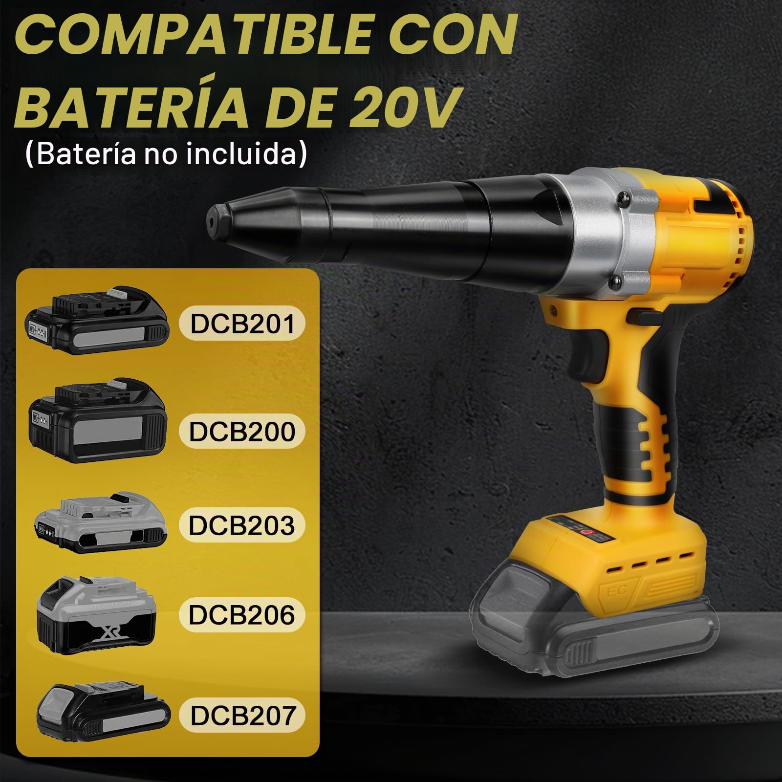 Remachadora Inalámbrica con 20 Remaches para Dewalt 20V (sin batería) | Pistola Remachadora Profesional, sin Escobillas, Luz LED, 3 Adaptadores y Llave, para Metal, Plástico y Cuero