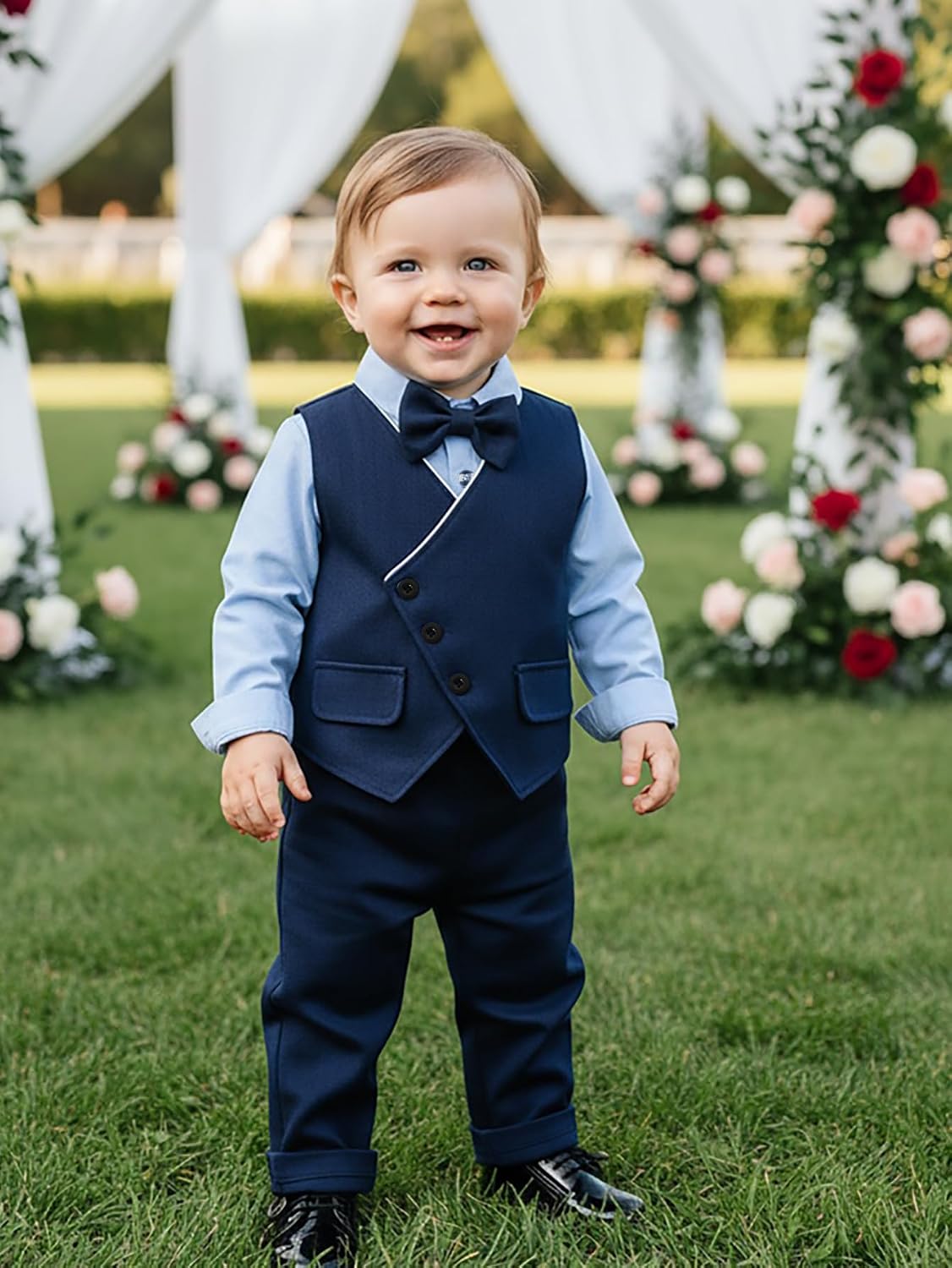 Baby Boys Pants Sets, Infant Long Sleeve Shirt + Pants + Bow Tie + Vest Outfits