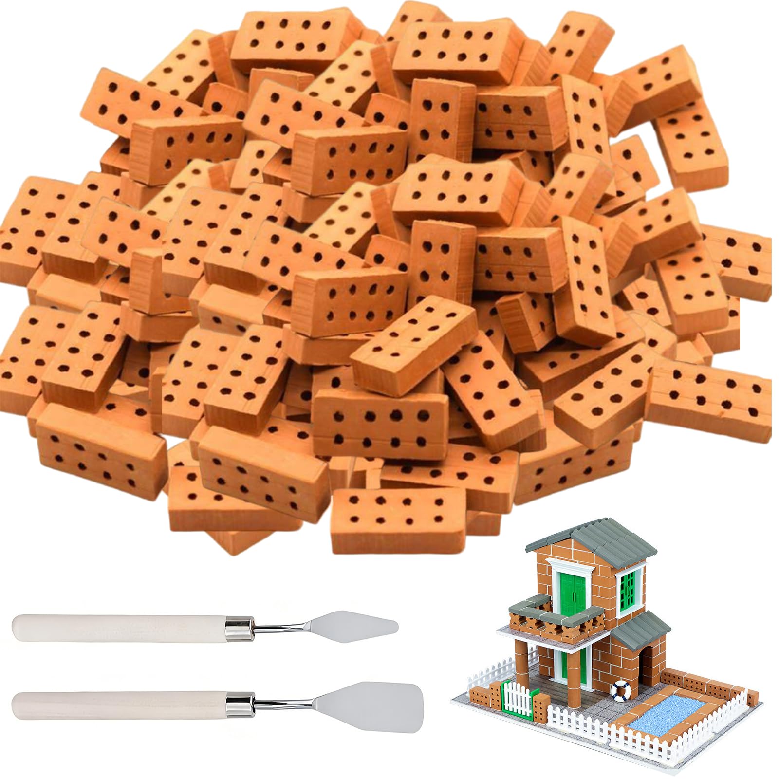 240 sztuk czerwonych mini cegieł, 2 x 1 x 0,5 cm, miniaturowe cegły | 8 otworami, 2 skrobaki, model cegły, do murowania, do samodzielnego budowania, domku dla lalek, do ogrodu, ornamentu, domu