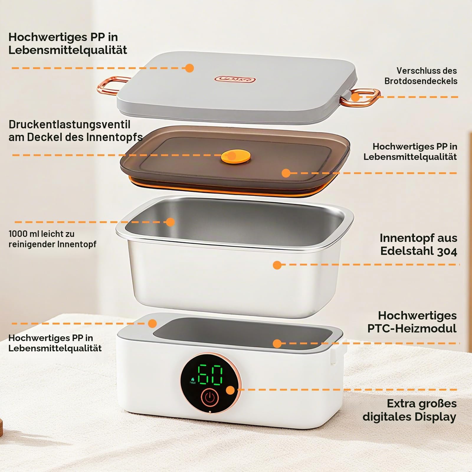 Elektrische Lunchbox mit Akku, Kabelloses Tragbare Beheizte Lunchbox, 1L Herausnehmbare Edelstahl-Brotdose, Isoliert & Selbstaufheizend, 6 Temperatur & 6 Timer, für Büro, Picknick, Auto, Außen