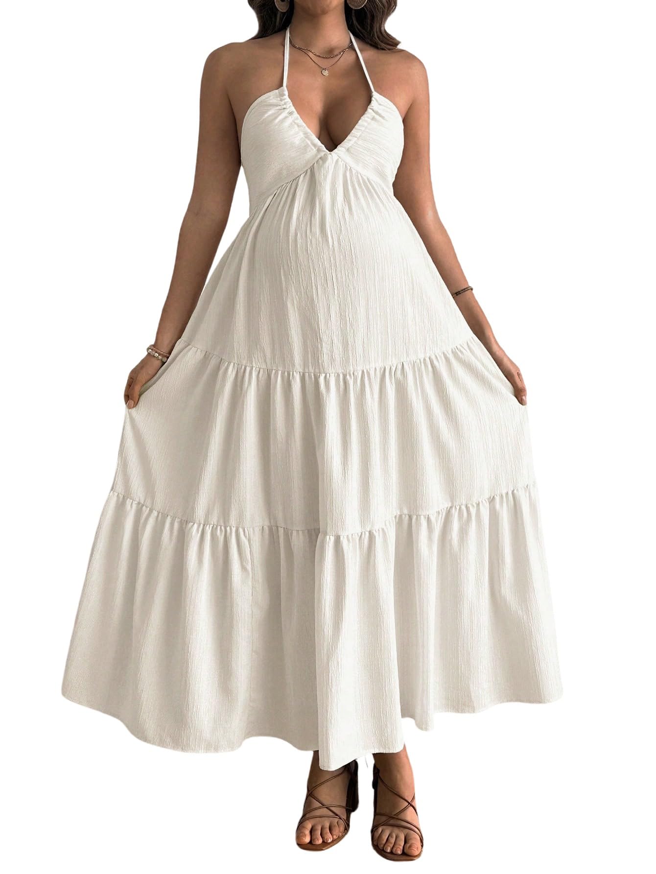 SweatyRocks Damska sukienka w stylu boho dla kobiet w ciąży, sukienka maxi, wiązana na szyi, letnia sukienka bez pleców, sukienka ciążowa, odświętna sukienka na imprezę, letnia