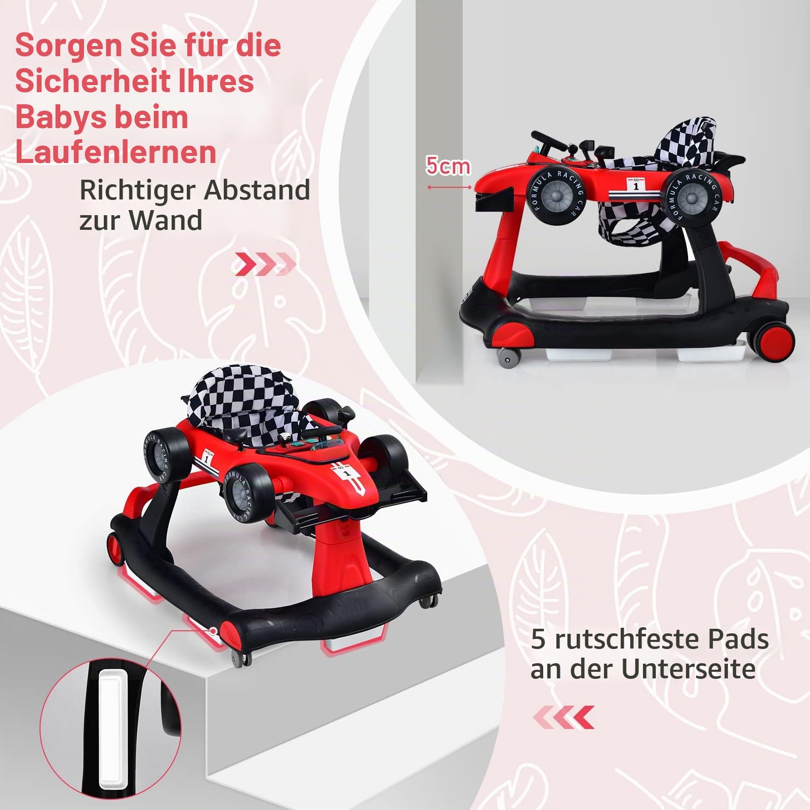 LIFEZEAL 4 in 1 Lauflernhilfe Baby, Höhenverstellbares & Klappbares Babywalker, Baby Gehfrei ab 6 Monate, Laufwagen mit einstellbarer Geschwindigkeit, Licht & Musik (rot)