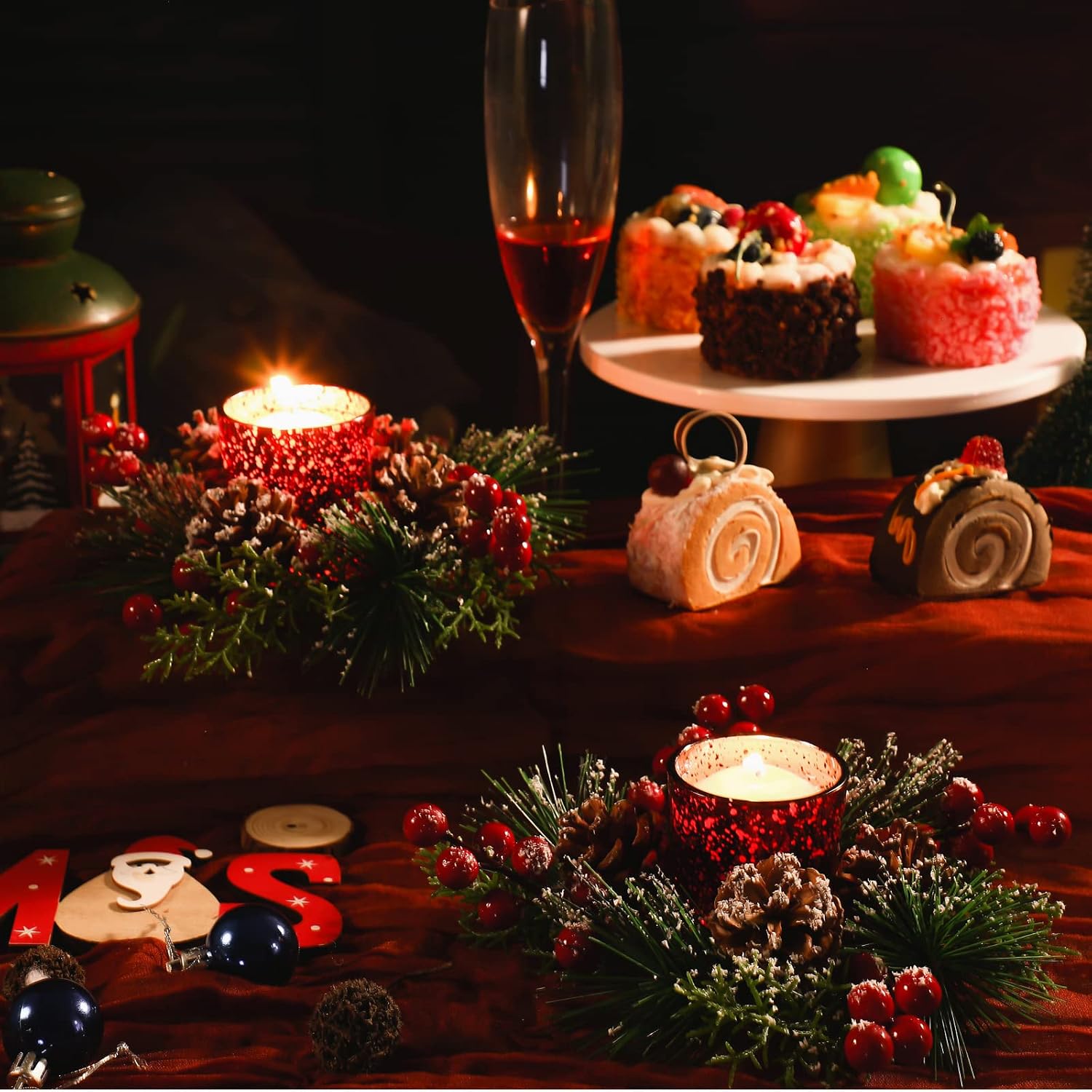 2 Set Christmas Table Centerpieces Glass Votive Candle Holder with Artificial Snowy Pinecone Berry Christmas Candle Rings Decoration for Home Party Xmas Table Mantel