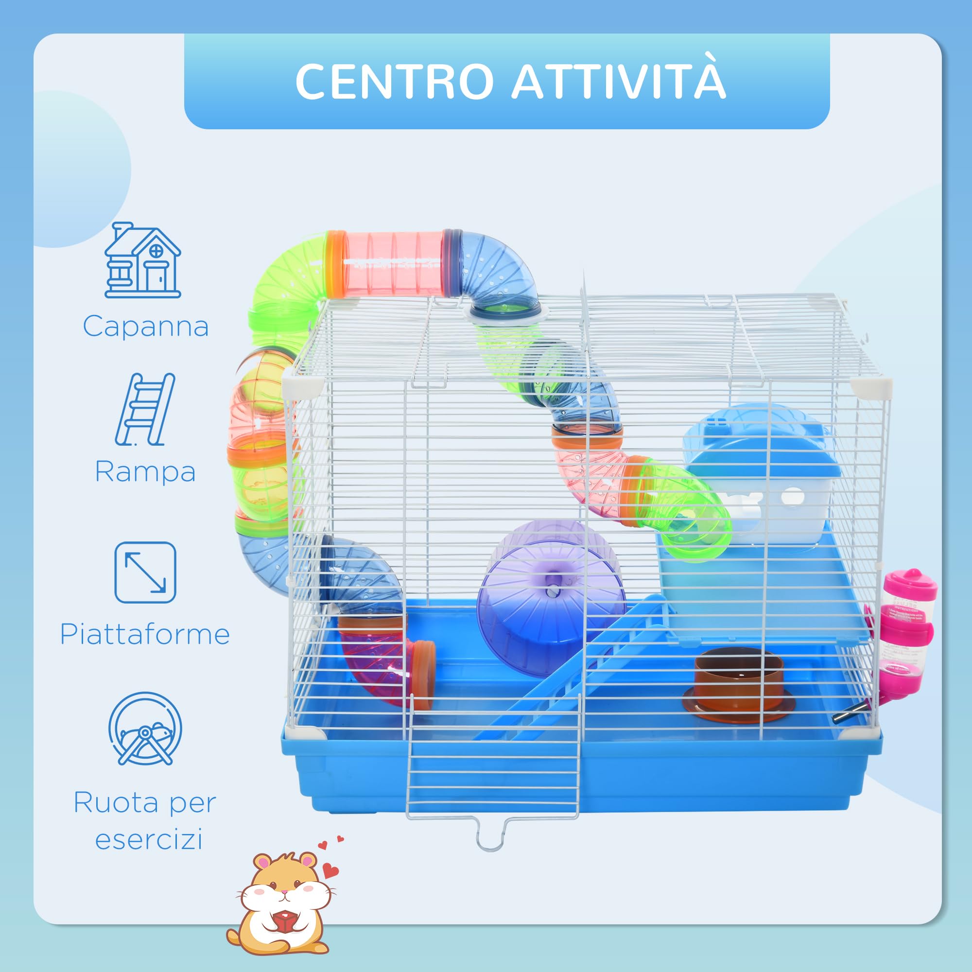 PawHut Gabbia per Criceti a 2 Livelli con Tunnel 46x30x37cm Blu e Bianca | Serbatoio per Acqua, Vassoio Rimovibile, Ruota per Criceti