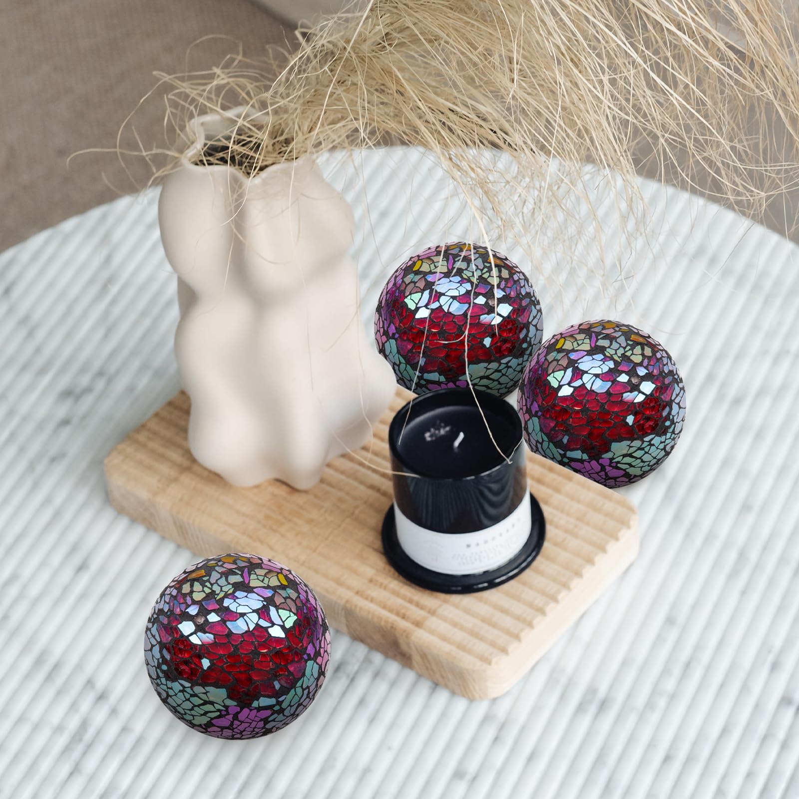 2 Piezas 6cm Mosaico Vidrio Bolas Decoración de Navidad Espejo Orbs Esfera DIY Oficina Casa Hotel Tienda Mesa de Café Adornos - Rojo