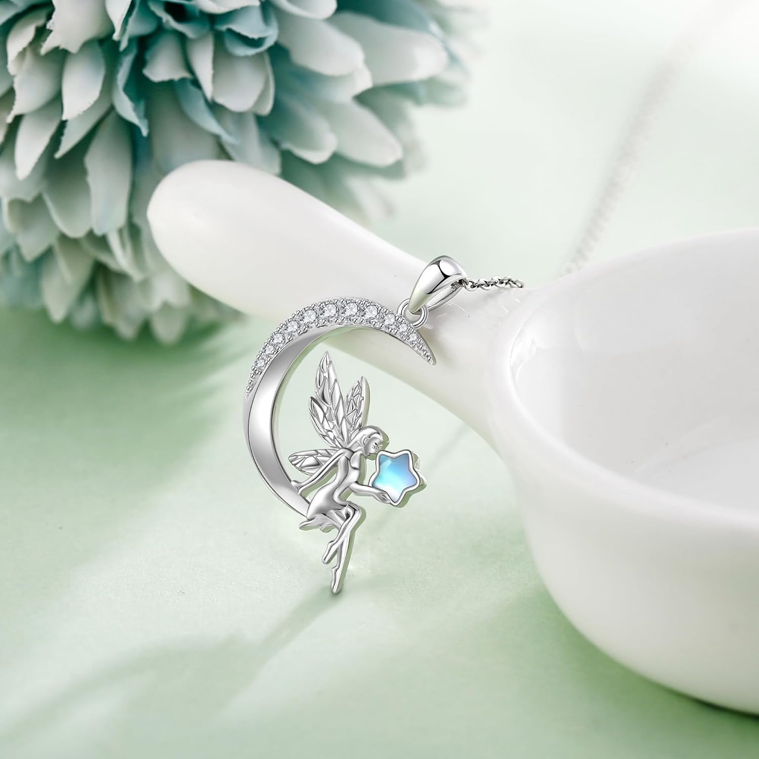 URONE Fairy Necklace 925 Sterling Silver Fairy Elf Moon Pendant Necklace Fairy Jewelry Gifts for Women - Image 2