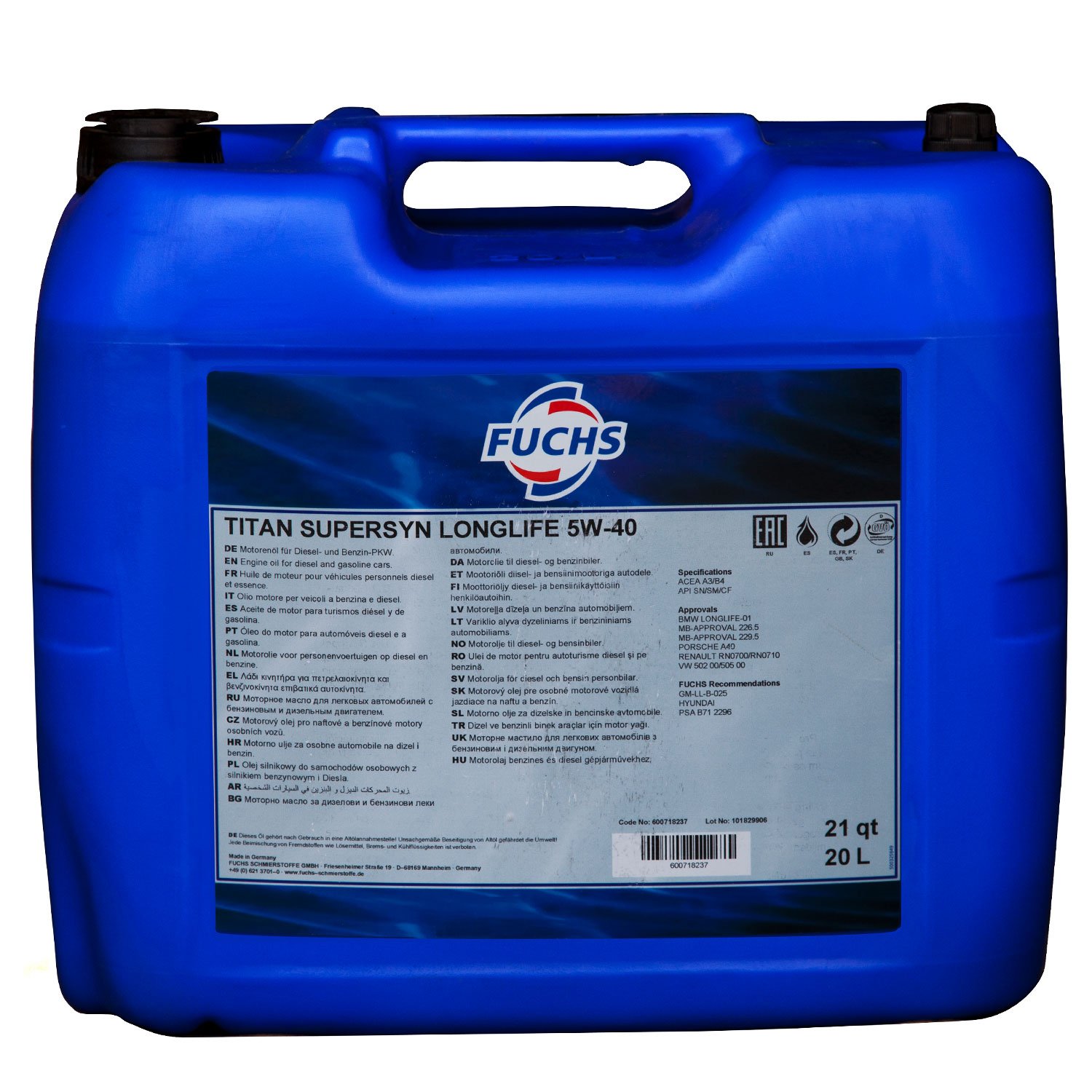 フックス TITAN SUPERSYN SAE 5W-40 20L FUCHS(フックス)・lubricants製品サイト / TITAN SUPERSYN<br