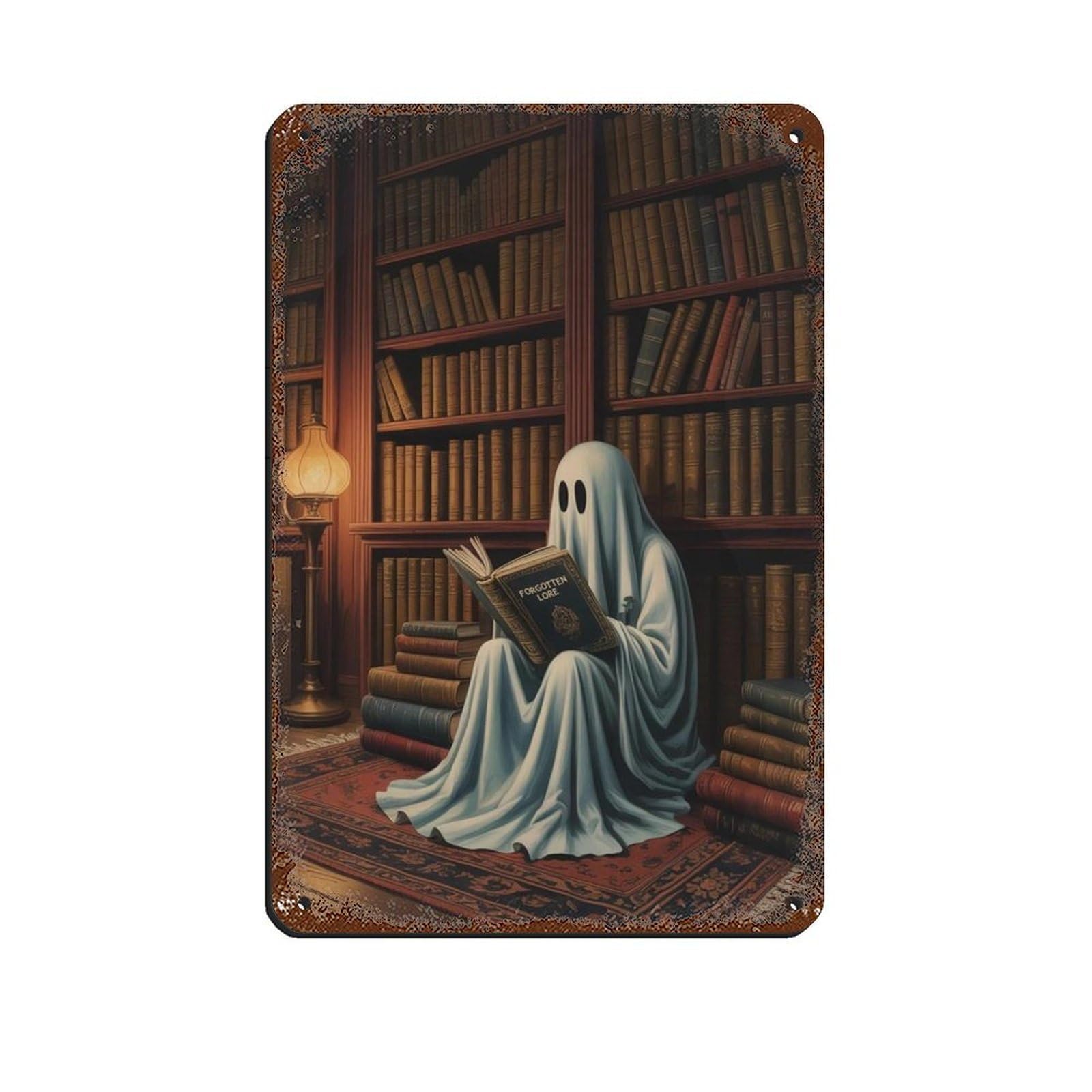 Ghost Reading Book in A Library Poster Retro Poster Metal Tin Sign Chic Art Retro Iron Painting Bar People Cave Cafe Family Garage Poster Wall Decoration 8x12inch(20x30cm)