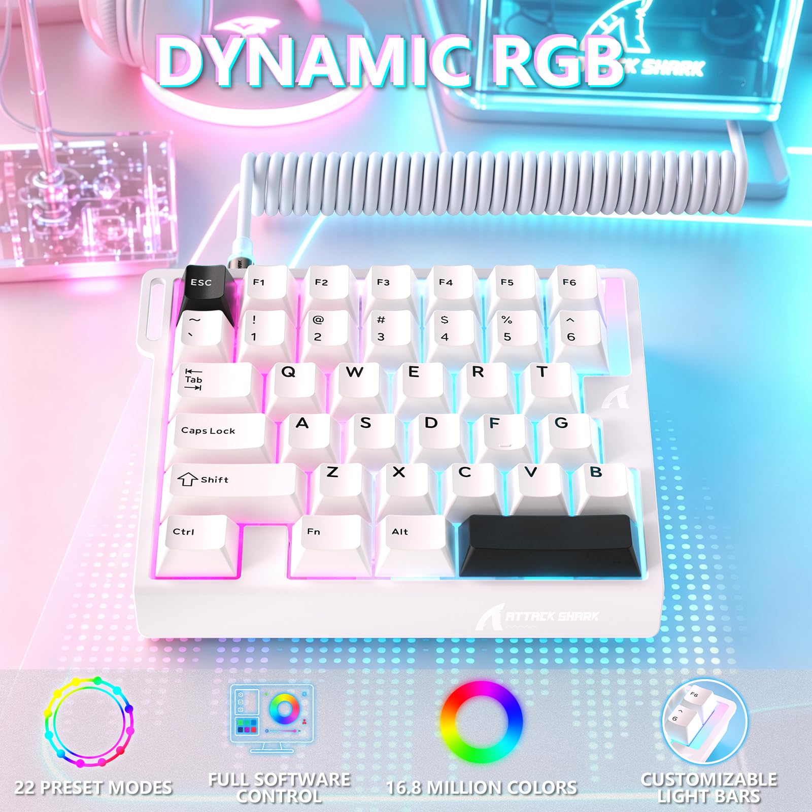 ATTACK SHARK M36 HE Einhand-Magnetschalter-Tastatur, 8000 Hz Polling, Hot-Swap-fähig, hohe Präzision 0,01 mm, 36 Tasten, kabelgebundene Tastatur mit RGB-Hintergrundbeleuchtung, C01 Ultra LED Aviator