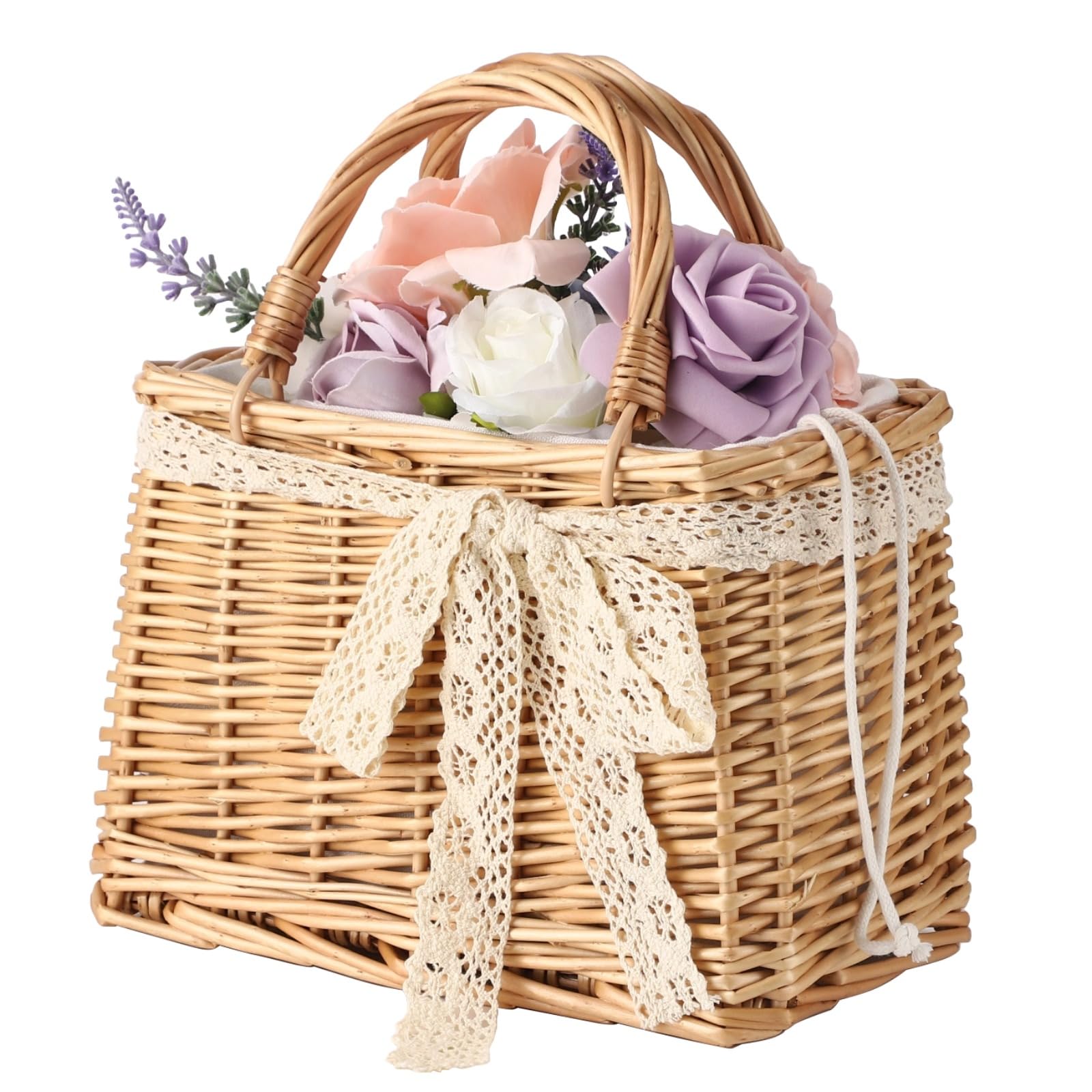 Panier en Osier tissé à la Main, Sac de Plage rectangulaire, Panier à Fleurs Portable Rustique en rotin avec Ruban décoratif et poignée Solide, idéal pour Voyage, Vacances et Mariage