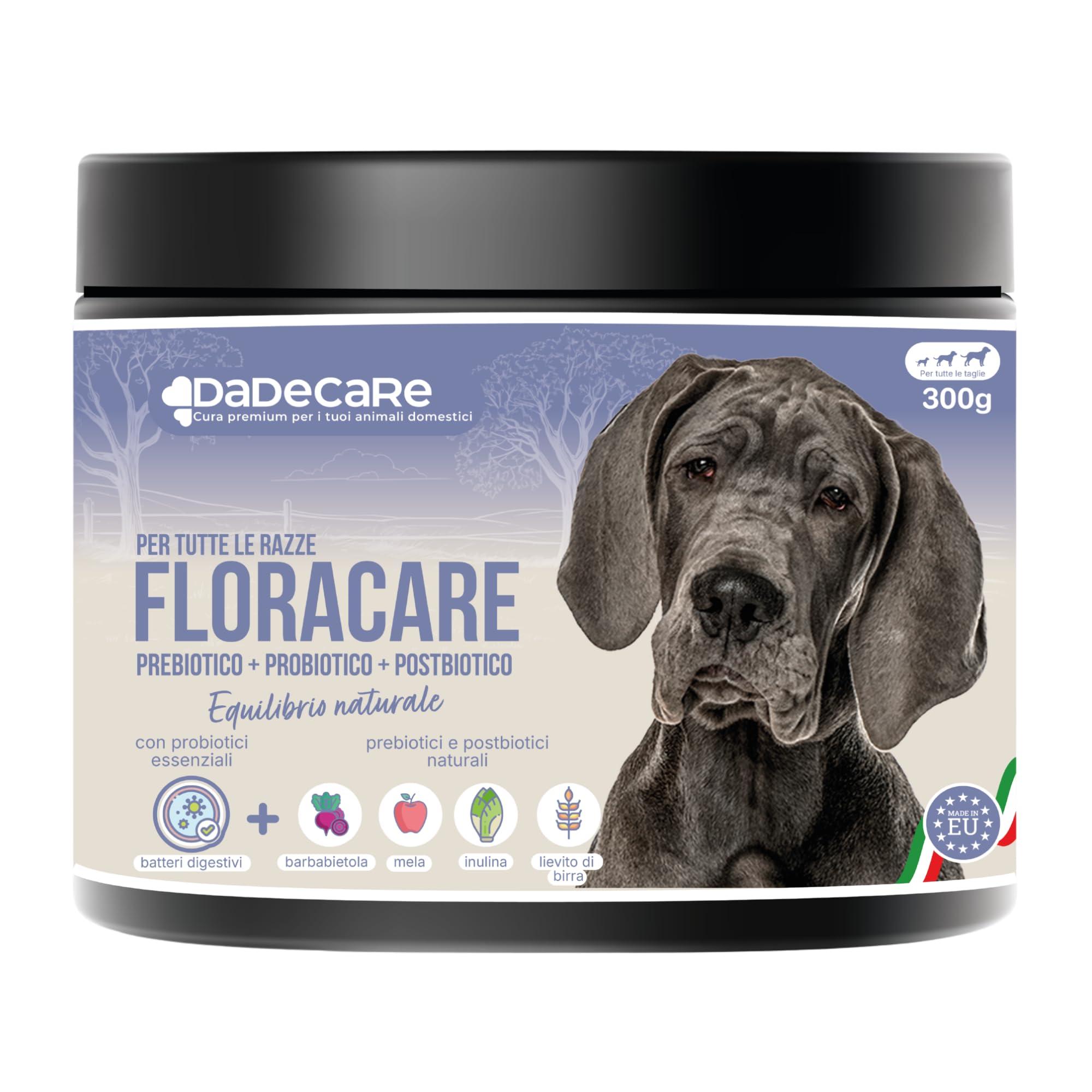 Floracare - Probiotici Cani in Polvere 300g - Ripara Flora Intestinale e Migliora Digestione - Riduce Diarree e Stress - Ideale dopo trattamenti o cambio di mangime con Prebiotici e Postbiotici
