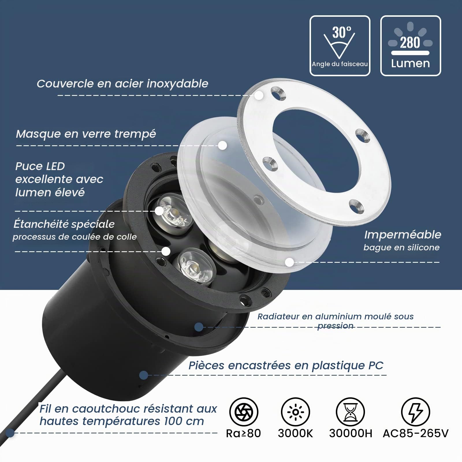 Spot Led Encastrable Exterieur 4Pcs 3W IP67 Étanche 230V