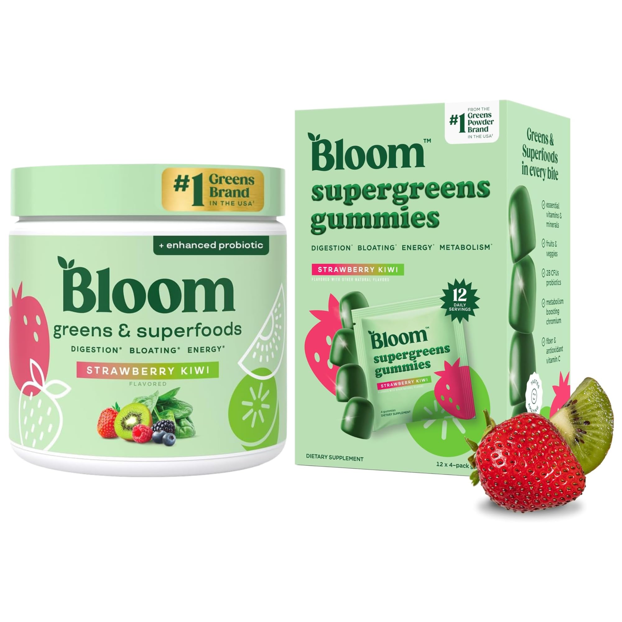 Bloom Super Greens Gummies and Greens Powder Strawberry Kiwi Bundle