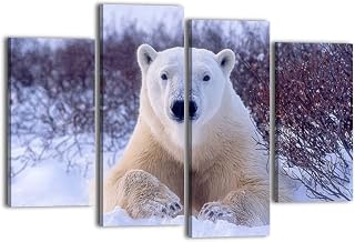 Canvas Wall Art for Bedroom 4 Panels Wild Polar Bear Churchill Willows Framed Art Prints Wall Decor for Bathroom Ready to Hang Western Home Decor Office Bar
