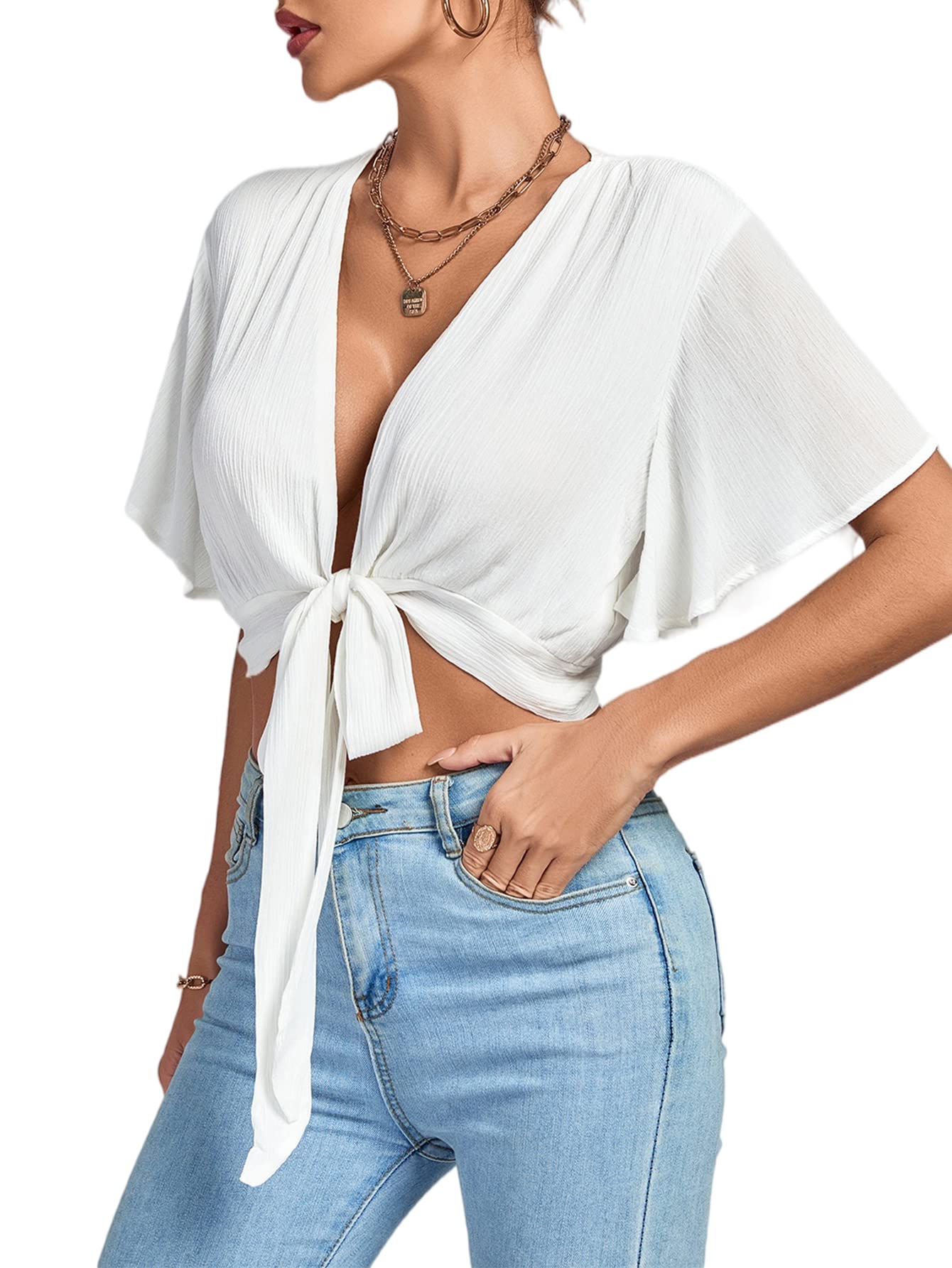 LYANER Damen-Bluse mit tiefem V-Ausschnitt, zum Binden vorne, Knoten, Rüschen, kurzärmlig, bauchfreies Top | Kurzärmliges Y2K-Hemd mit tiefem V-Ausschnitt, Rüschen, Glockenärmeln