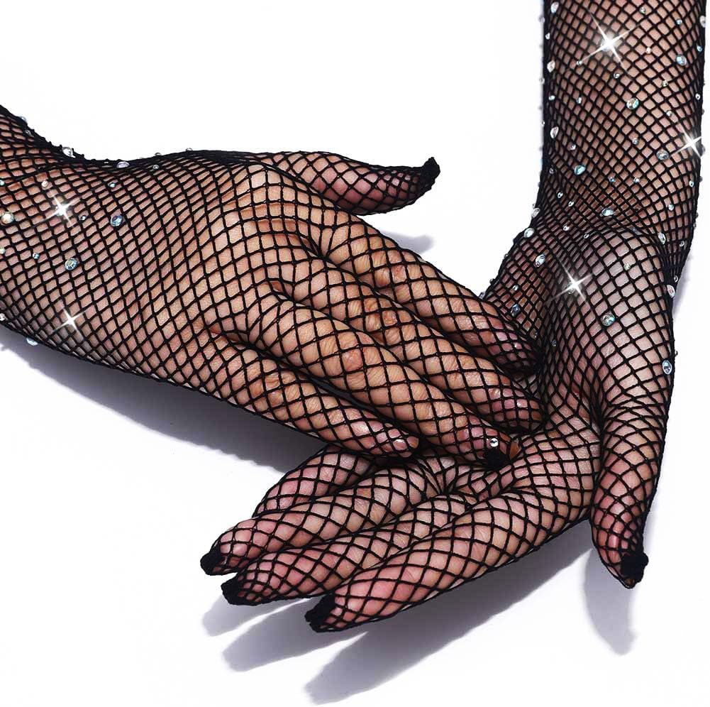 GORTIN Rhinestone Fishnet Long Gloves - Glitter Mesh Elbow Length Rave Gloves for Halloween, Opera Costume - Image 7