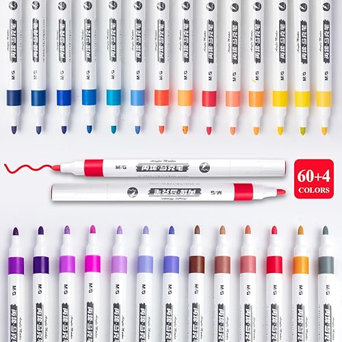 M&G Bolígrafos de pintura acrílica de 64 colores con punta media, bolígrafos de pintura para pintura de rocas, piedra, madera, caligrafía, lienzo,