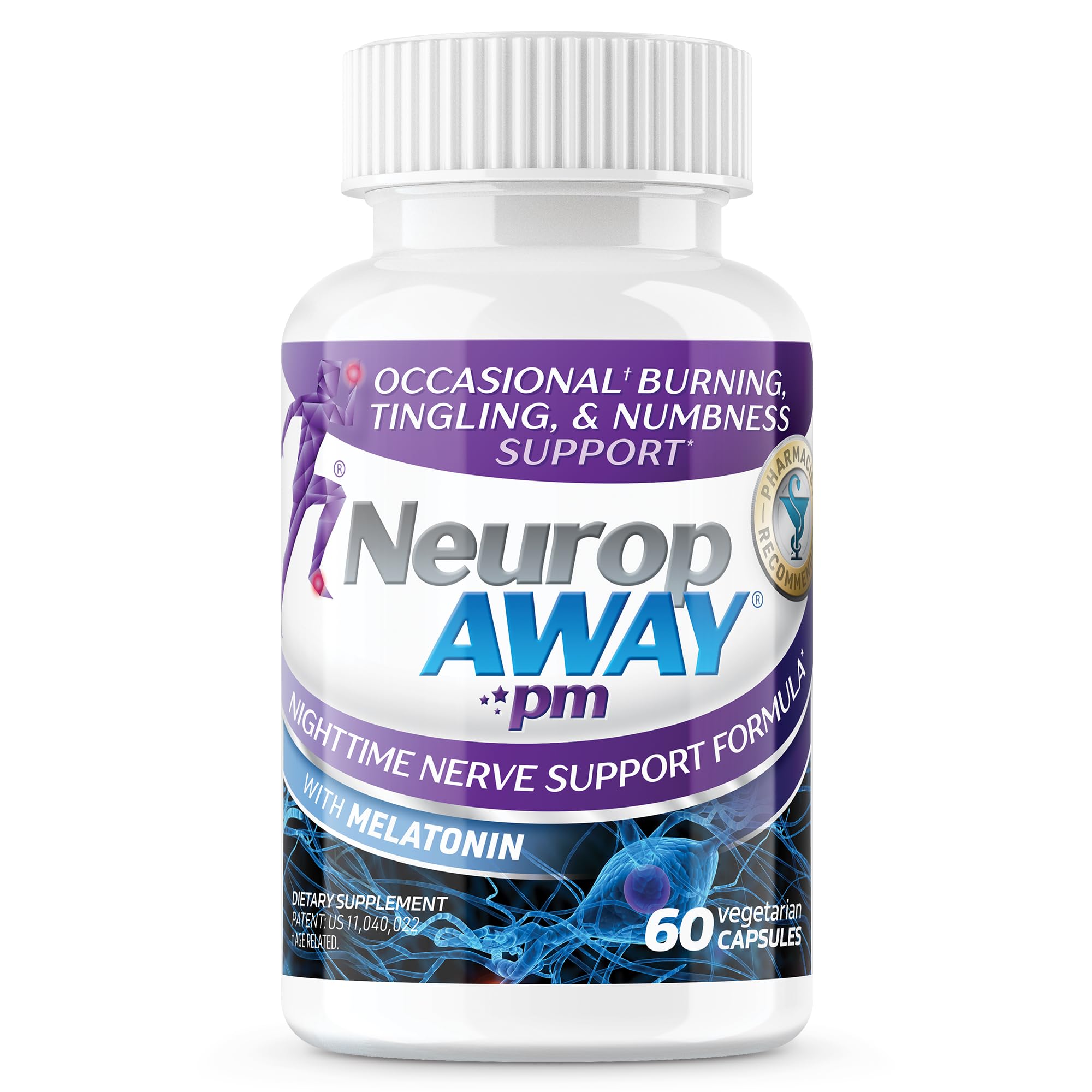 NeuropAWAY PM Nighttime Nerve Support – Melatonin, Taurine, L-Theanine & R-Alpha Lipoic Acid – Supports Healthy Nerve Function & Restful Sleep 60 Capsules
