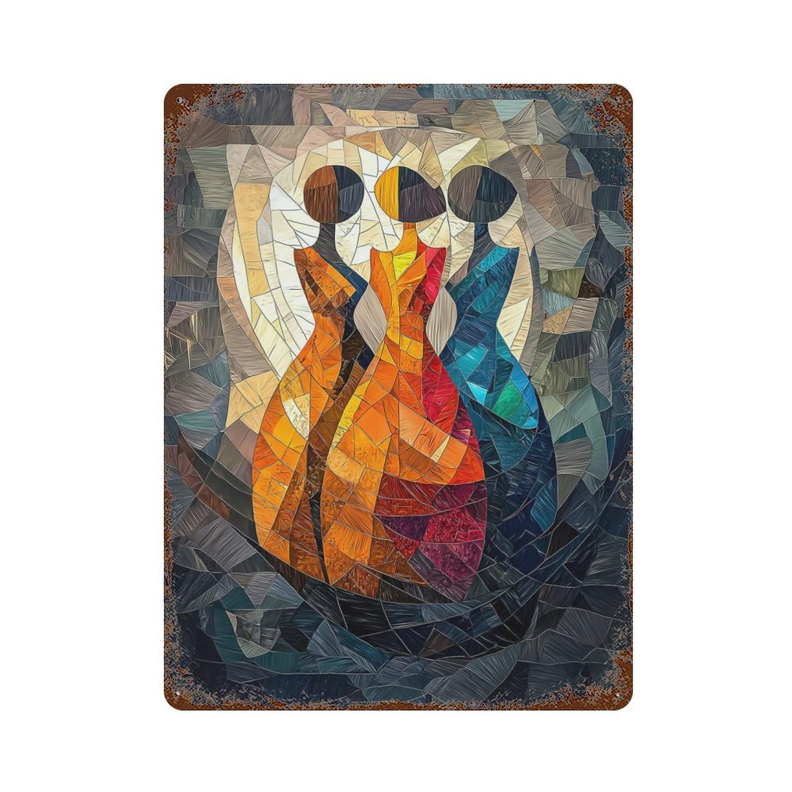 The Three Graces Stained Glass Mosaic Artwork Decorative Tin Sign 15.7"x11.8", for Bistro, Counter And Cafe Decor, Retro Wall Decor