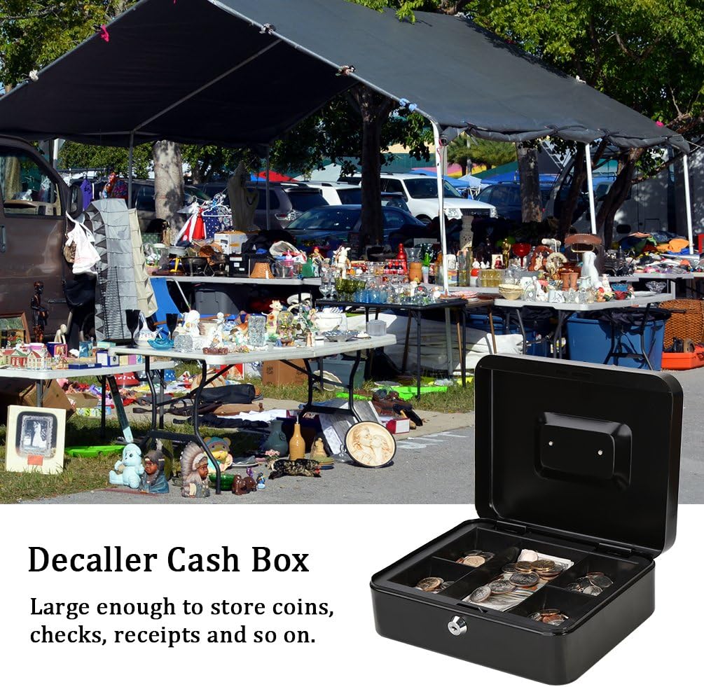Decaller Large Cash Box with Money Tray, Metal Money Box with Key Lock for Home or Business, 9.83" x 7.82" x 3.41", Black