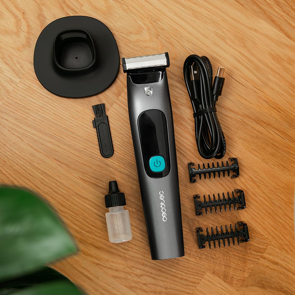 Cecotec Rasuradora Facial PrecisionCare OneShave Screen. Cuchillas de Acero Inoxidable, 3 Peines (1/3/5 mm), Base de Almacenamiento, Autonomía de 1,5h, Resistencia IPX7, Pantalla Inteligente
