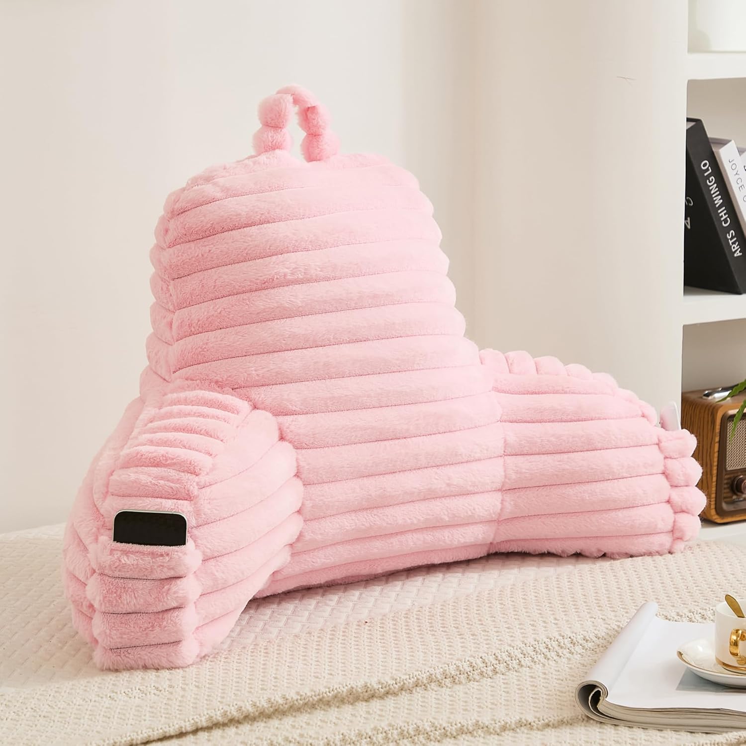 Faux Fur Fluffy Pink Reading Pillow with Pockets, Luxury Striped Plush Decorative, Arm Rests and Back Surport for Bed Rest, Lounging on sofa, Large Pink Large