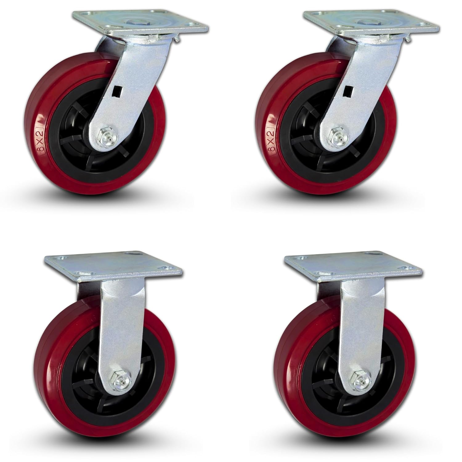6 X 2 Heavy Duty Caster Set of 4-2 Swivel Casters and 2 Rigid Casters - 3600 lbs Per Set of 4 - (4 Pack) - Dark red Polyurethane on Black Polyolefin Core - CasterHQ Brand Casters