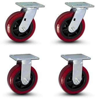 CasterHQ 6"x2" Caster Set 3600 lbs, 2 Swivel & 2 Rigid, Red Polyurethane/Black Core, 4-Pack for Toolboxes & Equipment