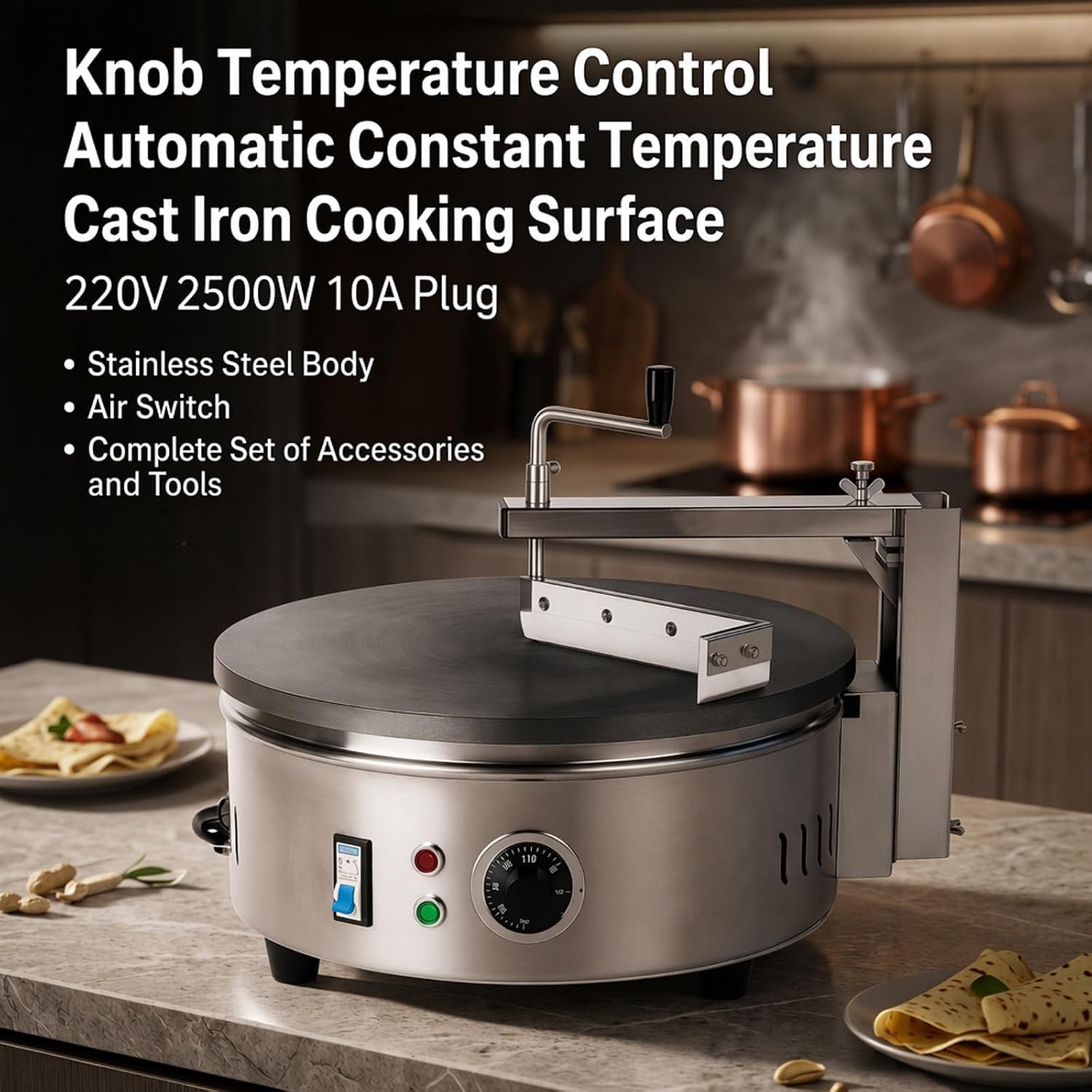 Piastra elettrica professionale per crêpes e pancake da 220 V, con piastra antiaderente in acciaio inox da 40 cm, temperatura regolabile e 7 accessori, ideale per snack bar, casa e ristoranti.