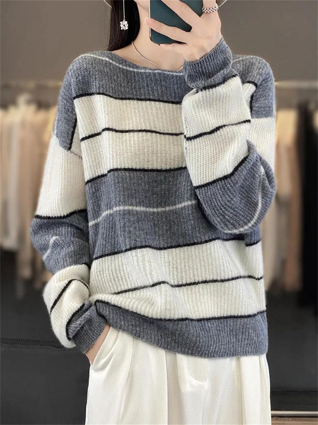 Damski sweter z długim rękawem oversize sweter z wełny merynosów w paski na co dzień kaszmirowa dzianina