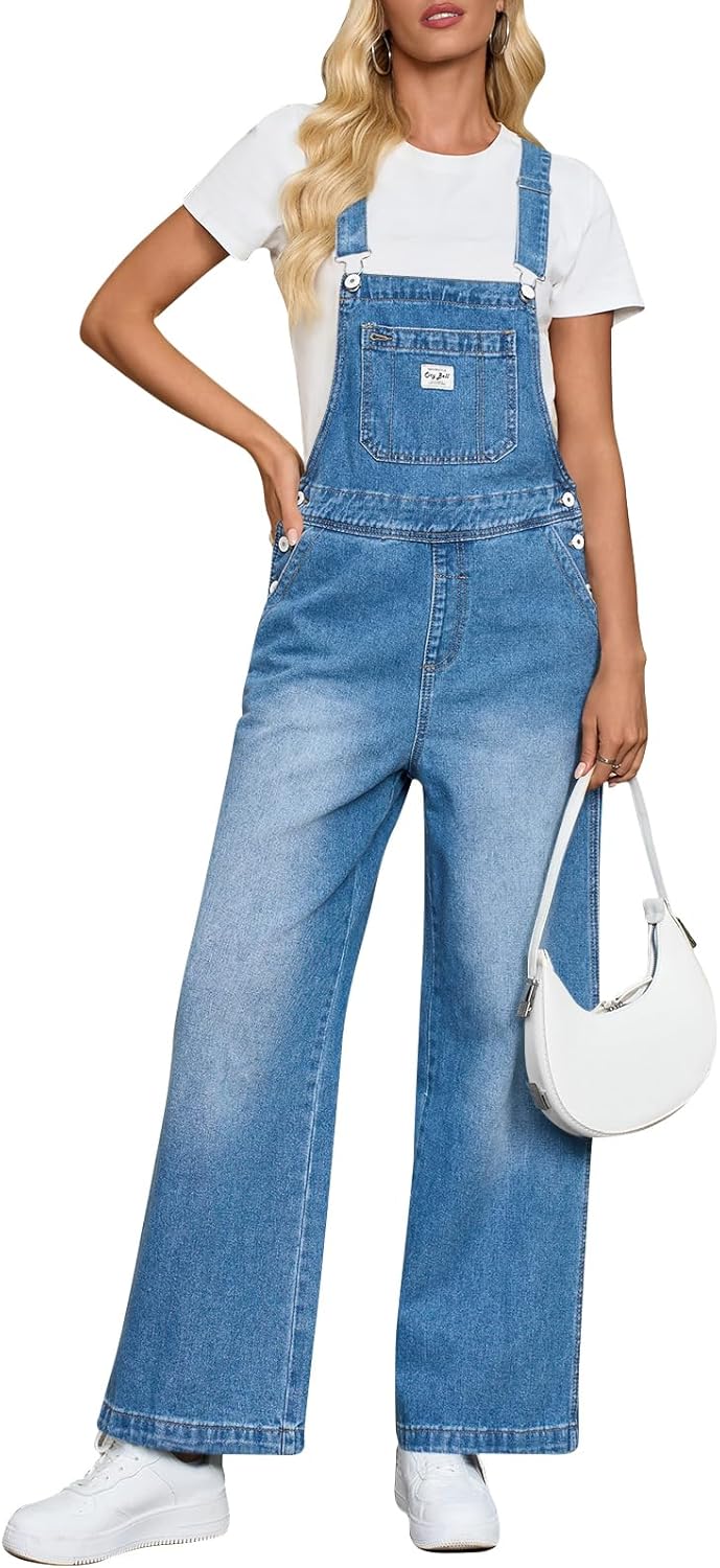 Cicy Bell Women's Denim Bib Overalls Casual Adjustable Strap Wide Leg Jean Jumpsuits Loose Fit Long Rompers with Pockets