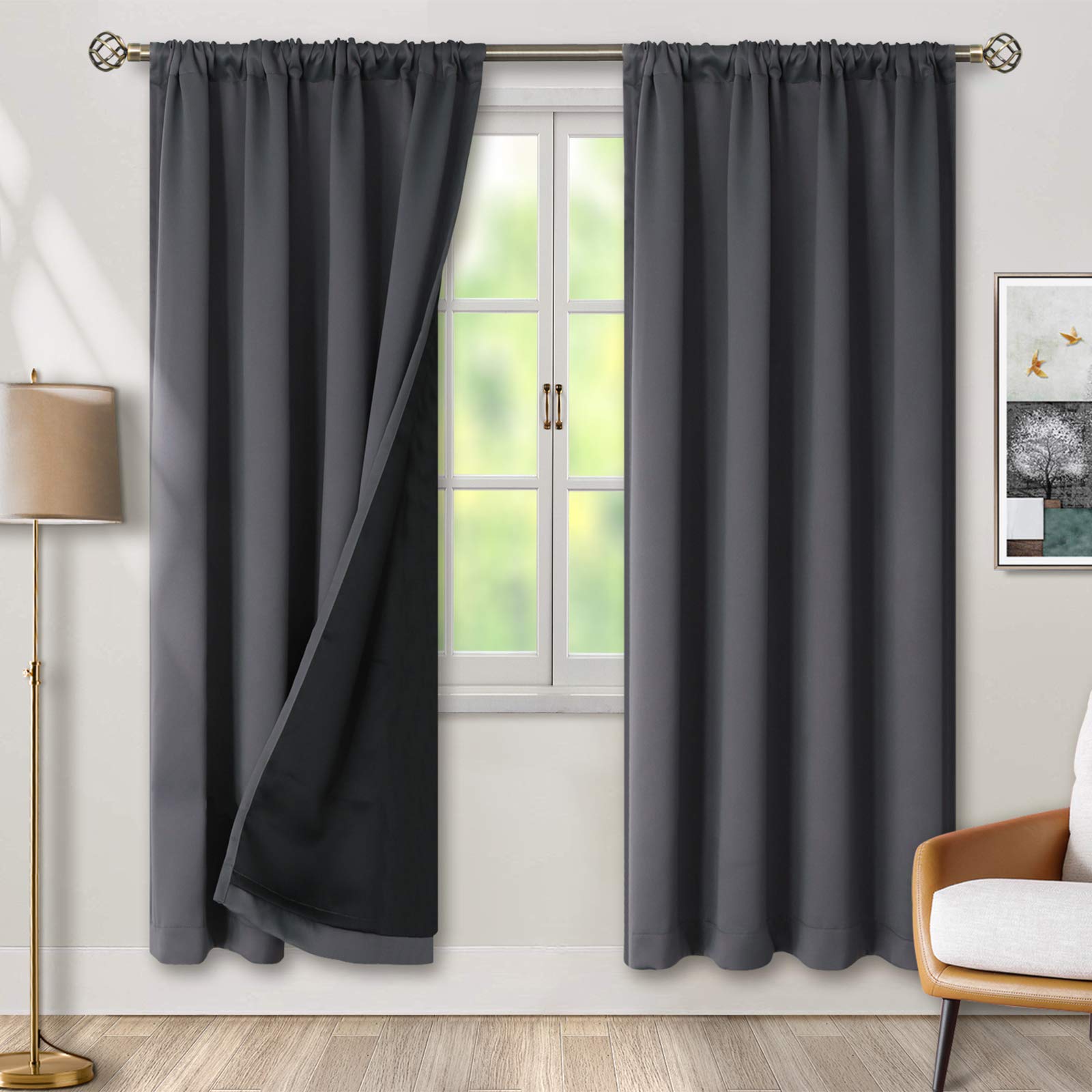 BGment Thermal Insulated 100% Blackout Curtains for Bedroom with Black Liner, Double Layer Full Room Darkening Noise Reducing Rod Pocket Curtain (42 x 72 Inch, Dark Grey, 2 Panels)