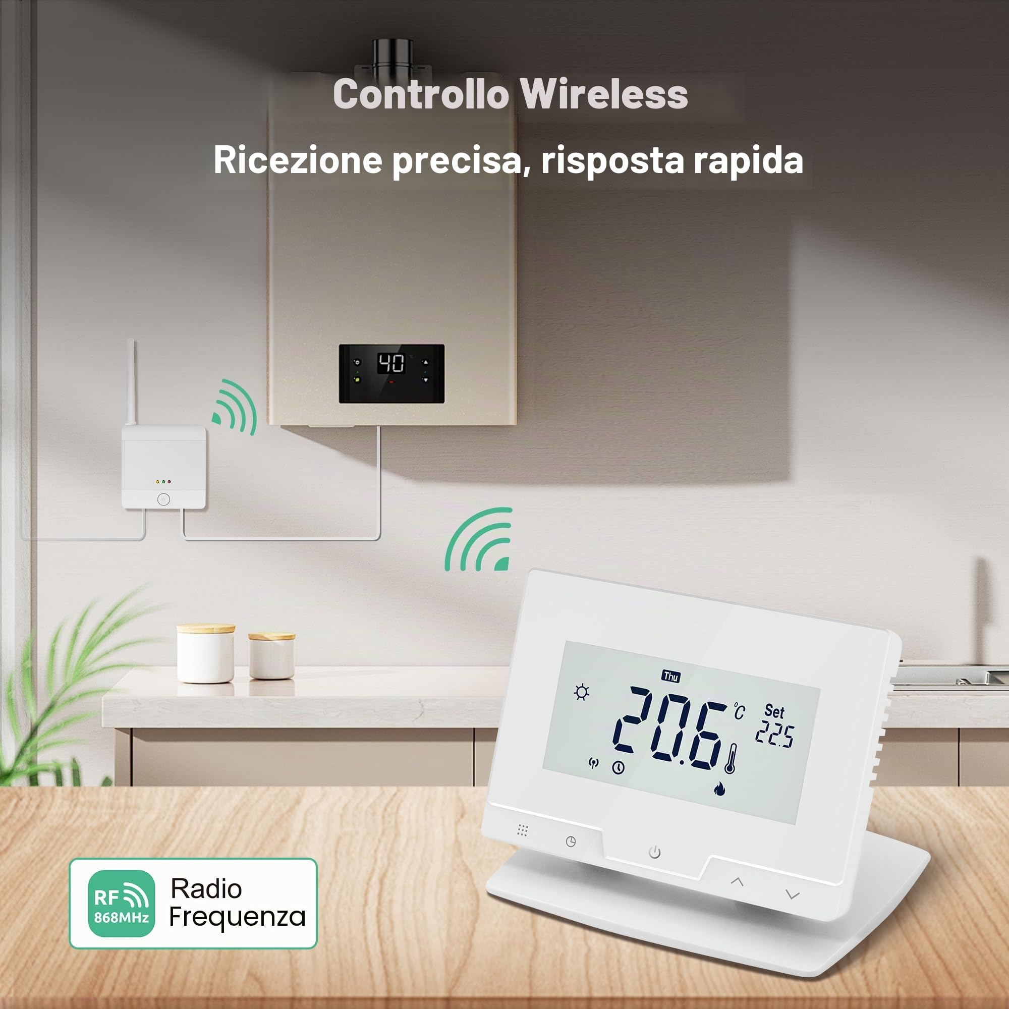 Termostato wireless programmabile con ricevitore, per caldaie, riscaldamento a pavimento elettrico e ad acqua