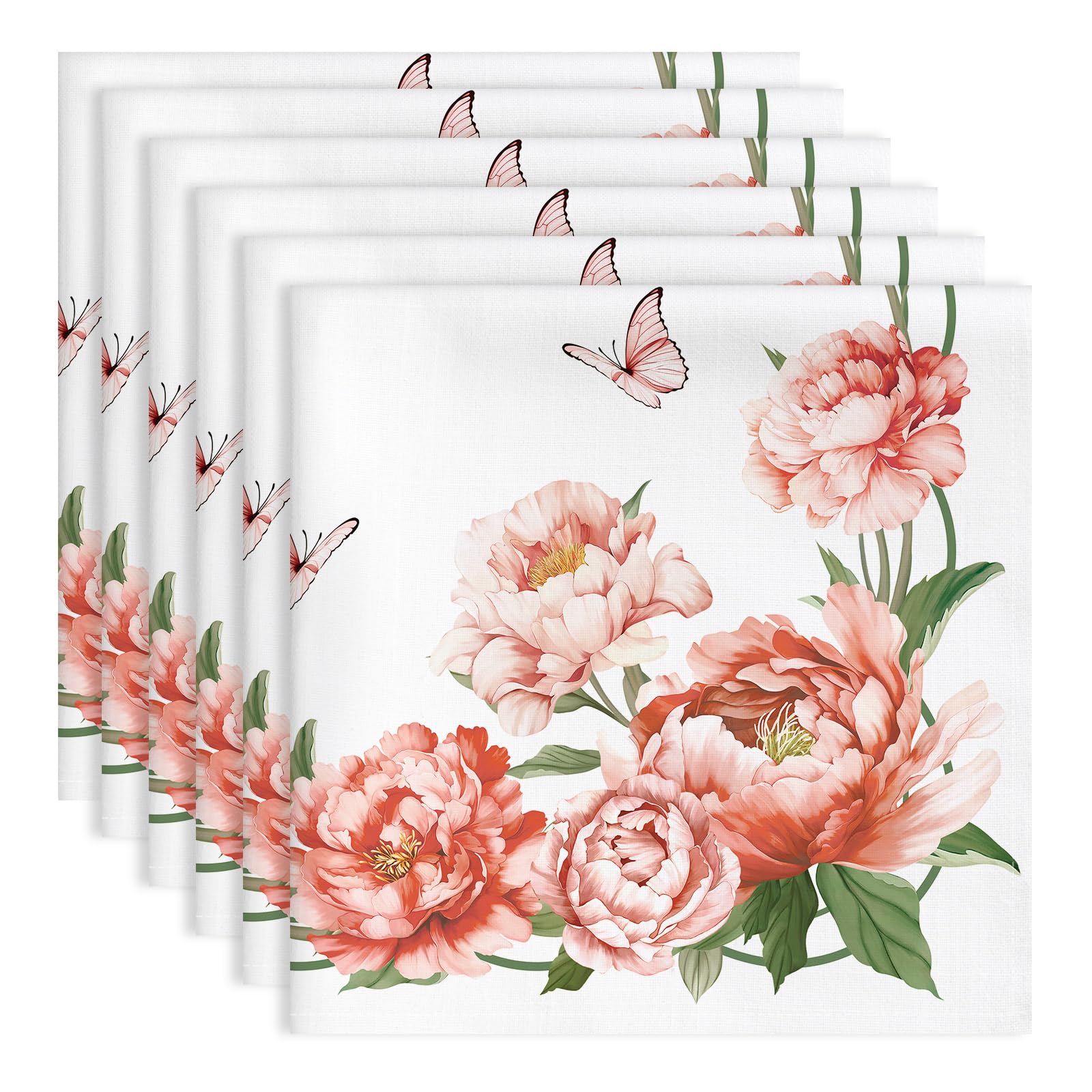 Arquiel Peony Floral Napkins, 45 cm x 45 cm Butterfly Leaf Dinner Cloth Napkins Set of 6, Washable Cotton Soft Absorbent Square Table Top Decoration for Dining Kitchen Party Wedding