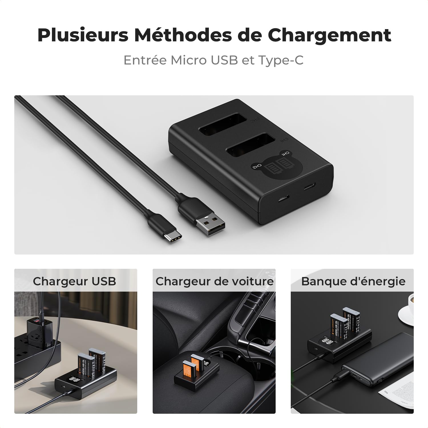 K&F CONCEPT NB-13L Batterie de Remplacement 2-Pack avec Chargeur LCD Dual Slot, Compatible avec Canon EOS G7X3/G7X2/G9X/G5X/SX720HS Cameras etc.