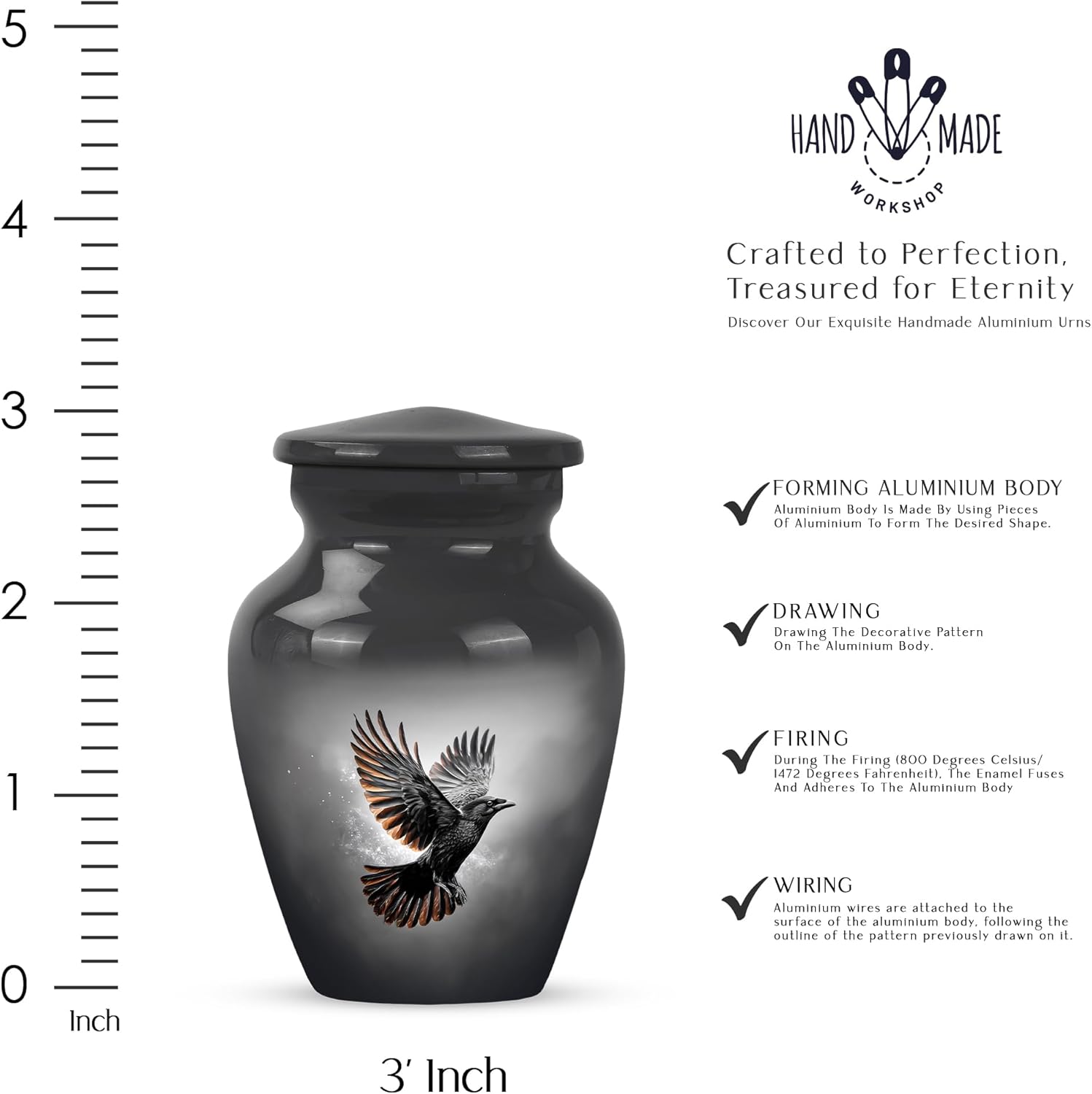 Crow Small Cremation Urn, Birds Memorial Gift for Parents, Tiny Urns for Humans Ash Adult Male & Female, Mini Urn for Human Ashes Keepsake, Burial & Funeral Urns, 3 Inch