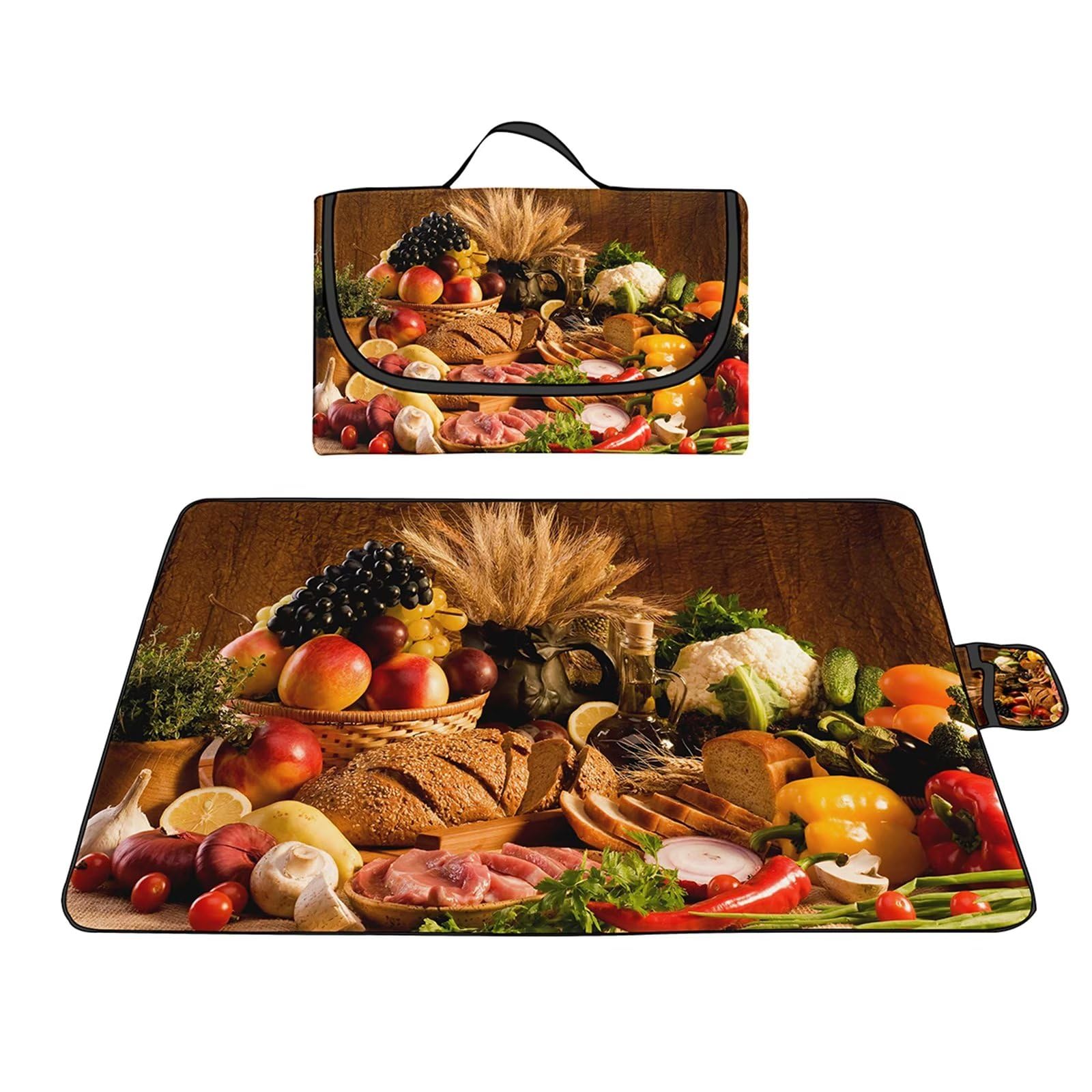 Couverture Pique-nique Imperméable 180x200cm,Couverture Plage Extérieure XXL Tapis de Plage,Fruit Pain Alimentaire Camping Couverture étanche Pique-nique avec Poignée pour Camping Randonnée Parc Plage