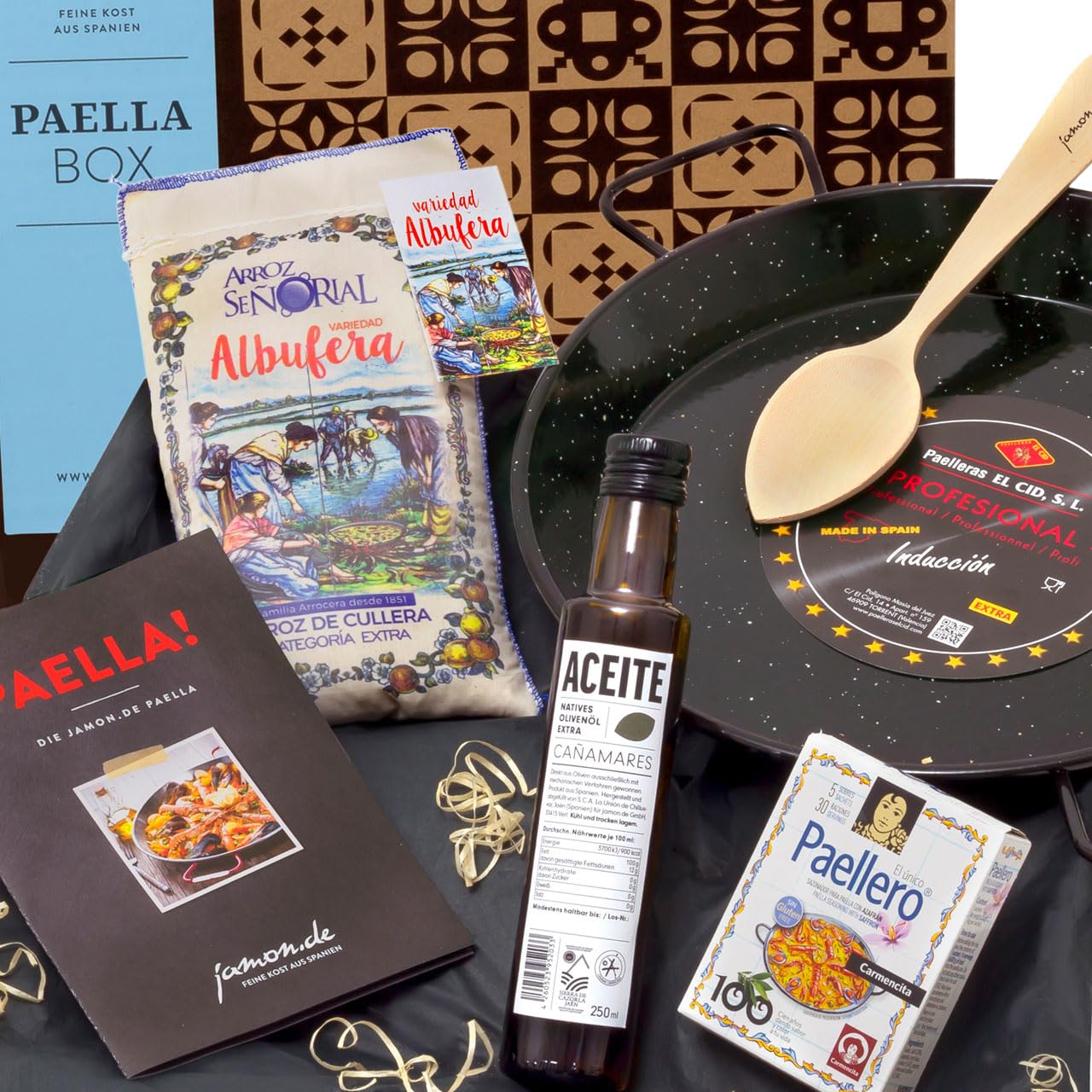 jamon.de PAELLA-BOX mit Paella-Pfanne, Reis, Olivenöl, Safran-Gewürz, Löffel & Rezeptkarte - geschenkfertig in Präsent-Box geliefert