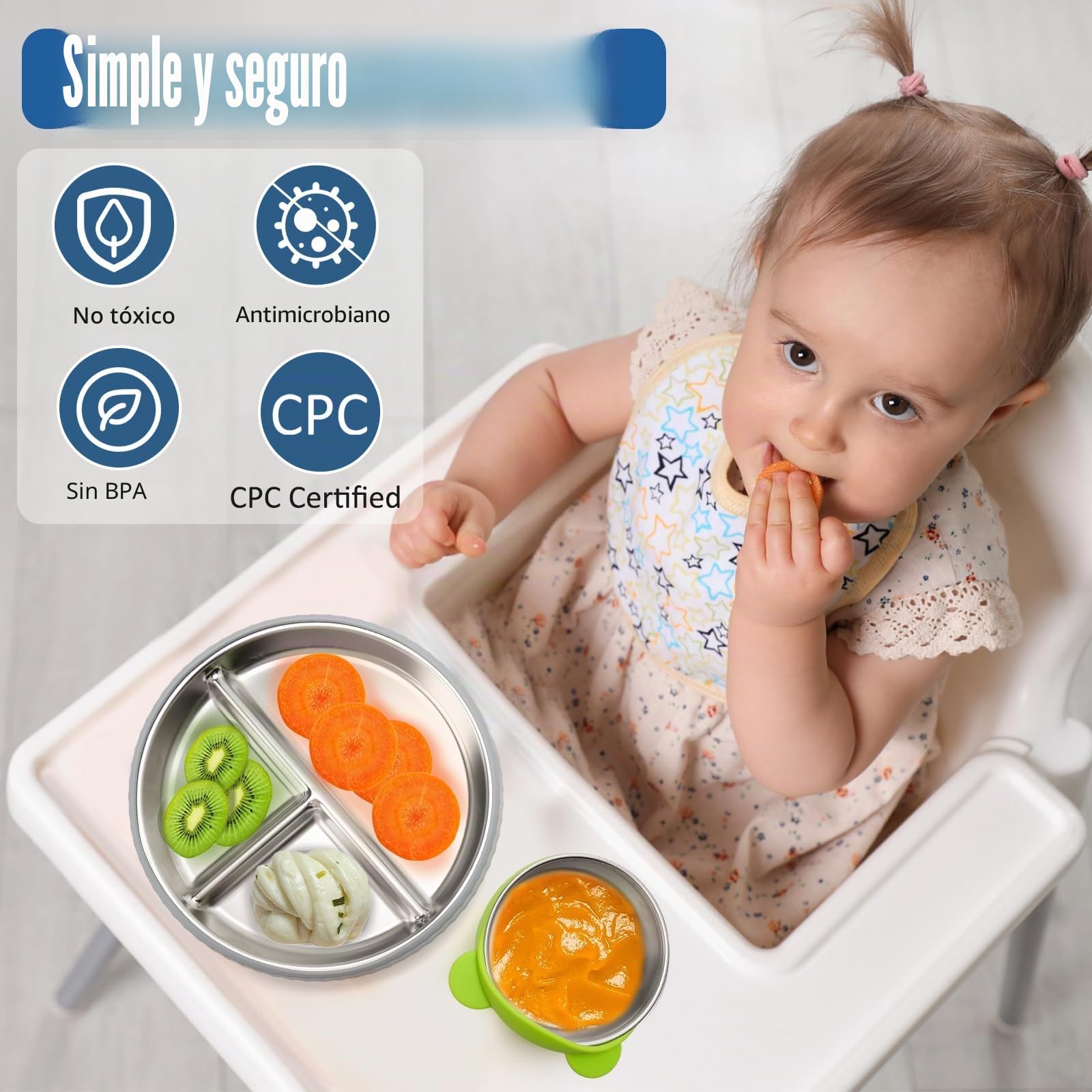 CLDY - Juego de 4 platos y tazones de acero inoxidable para bebés - Base de silicona 100% con ventosa - Platos de destete para niños pequeños - Platos divisores irrompibles - Sin BPA