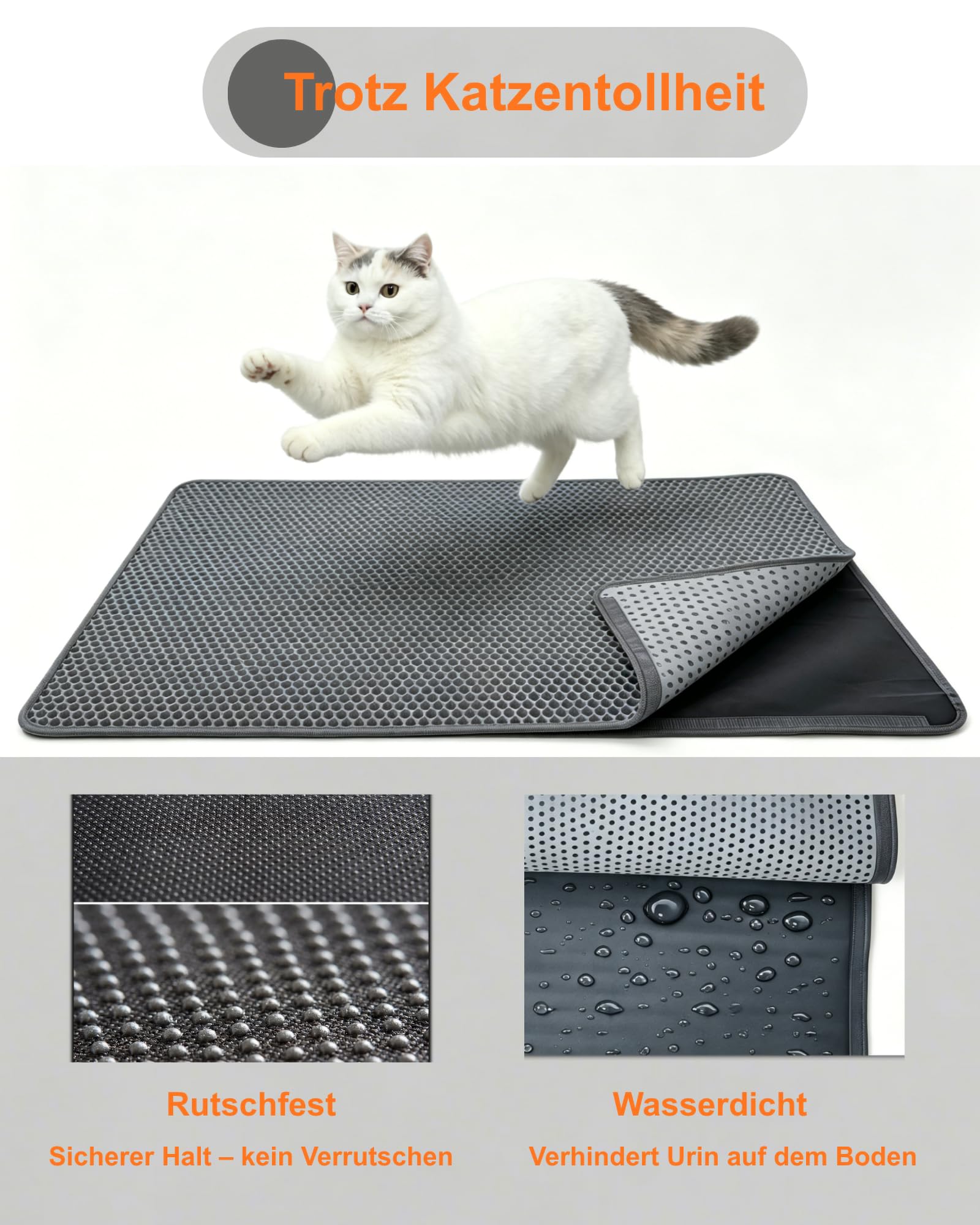 Katzenklo Matte Groß XXL 90x60 cm Waben Doppelschicht Katzenstreu Matte, Urin- & Wasserdichte Katzenklo Unterlage, Rutschfeste Katzenstreumatte für den Boden, Leicht zu reinigen, Grau