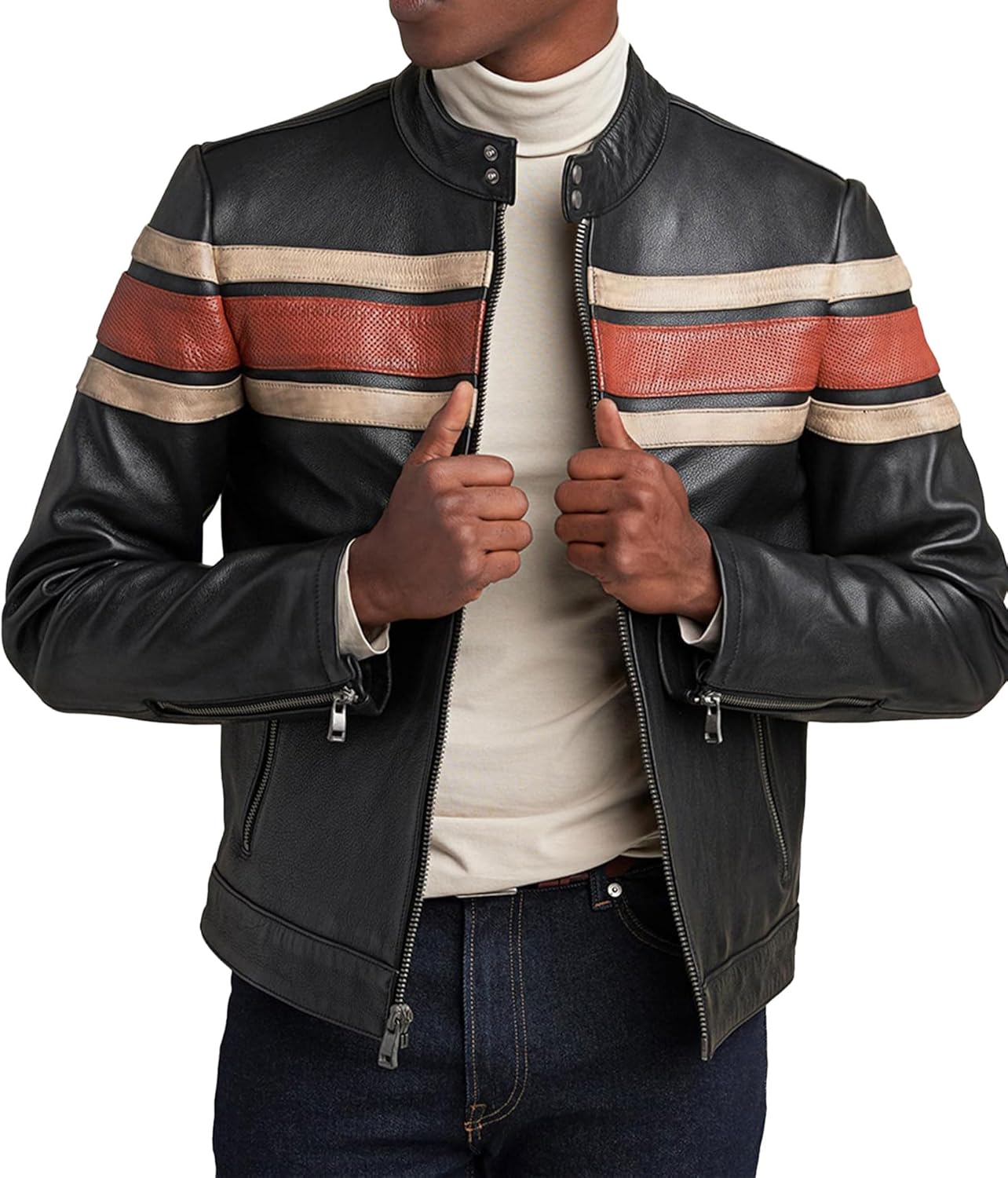 Crafter Men's Classic Elite Vintage Style Cafe Racer Retro Motorcycle Distressed Biker Zip Up Genuine Leather Jackets For Men - Image 2