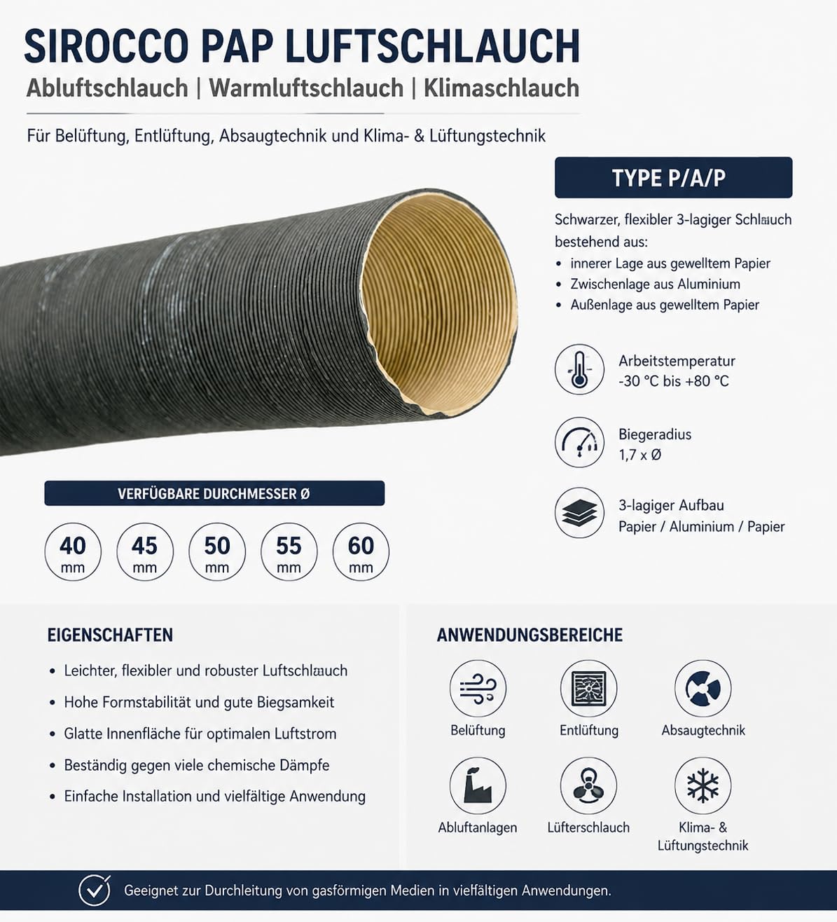 Sirocco PAP Luftschlauch 40mm Abluftschlauch - Warmluftschlauch - flexibel 3 lagig Papier Aluminium Papier PVC hitzebeständig 1m bis 25m Belüftung - Entlüftung Klima Lüftung