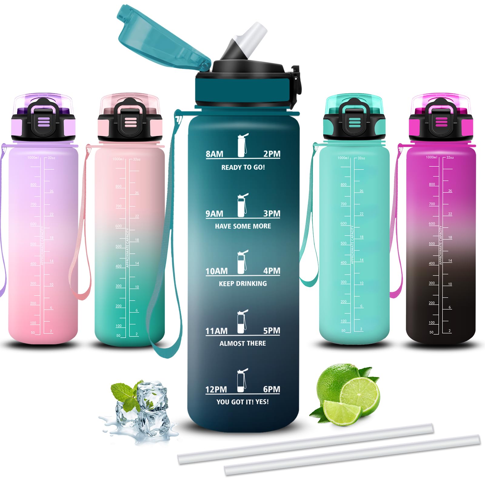 Mujigaga 1 Litre Water Bottle with Straw, Leak Free, Motivational Water Bottles, Easy to Clean, Motivational Slogan Water Bottles with Drinking Times, Motivational Slogan for Fitness, Picnic, Work