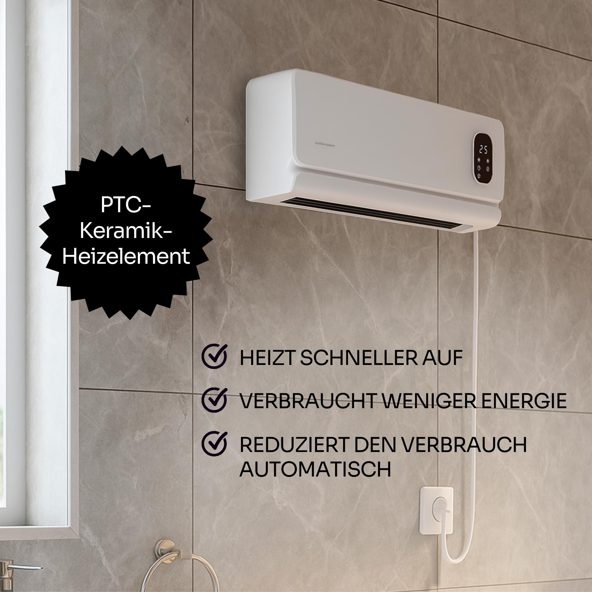 Mellerware Homy Wall Wandheizer, energiesparend, Keramik, 2000 W, Timer, 2 Temperaturstufen, LED-Display, Fernbedienung, Überhitzungsschutz