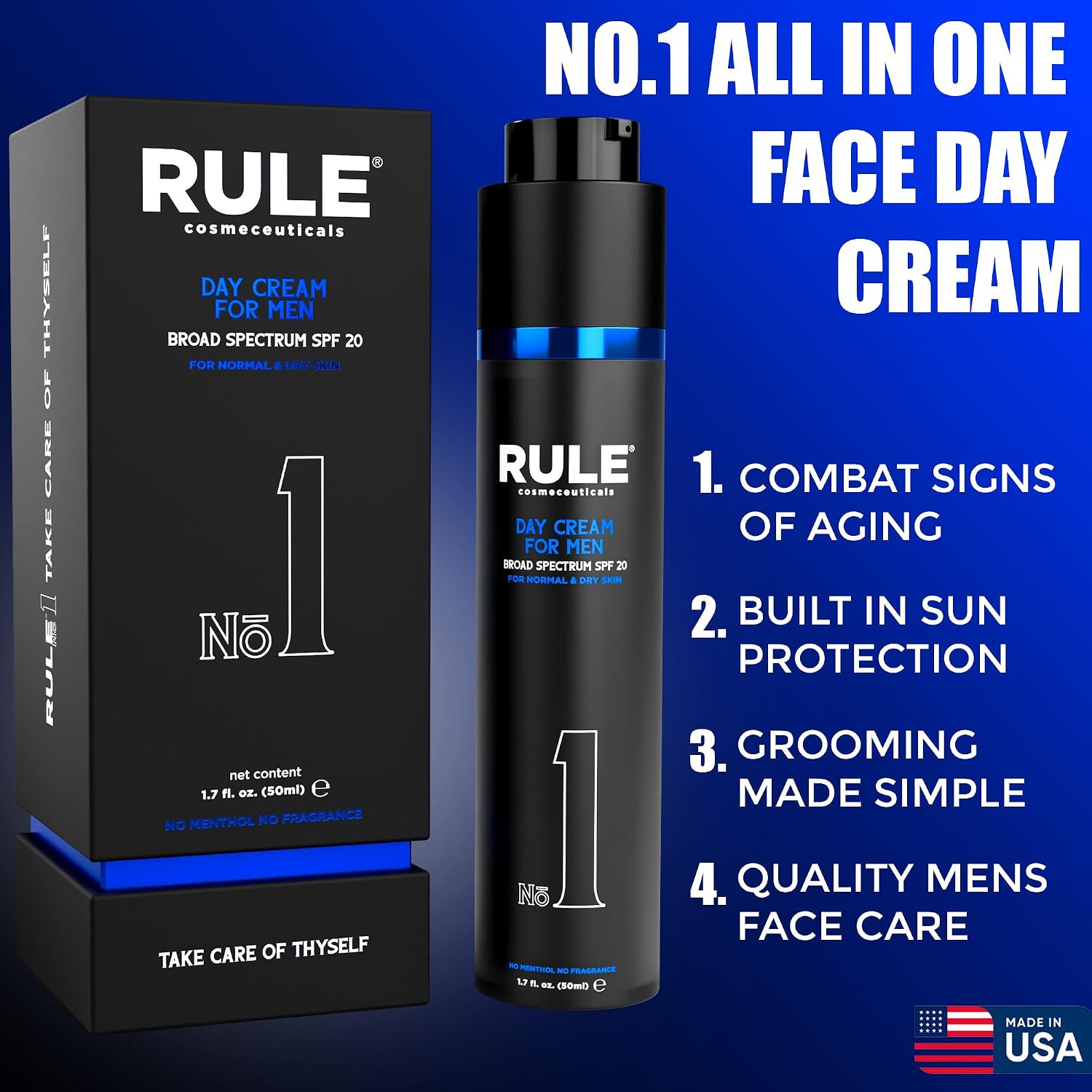 No.1 Day Cream for Men, 10-in-1 Anti-Aging Face Moisturizer to Reduce Wrinkles & Dryness, SPF 20, Collagen, Vitamins B, C & E - Normal & Dry Skin - No Menthol, No Fragrance, 50 mL